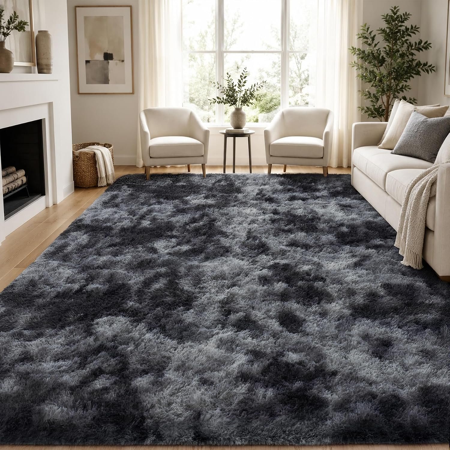 8×10 Area Rugs for Living Room Bedroom: Black Grey Soft Fluffy Shag Upgrade Non-Slip High Pile Carpet Large Fuzzy Plush Indoor Floor Decor Shaggy Rug for Kid Boys Girls Playroom Nursery Modern Home
