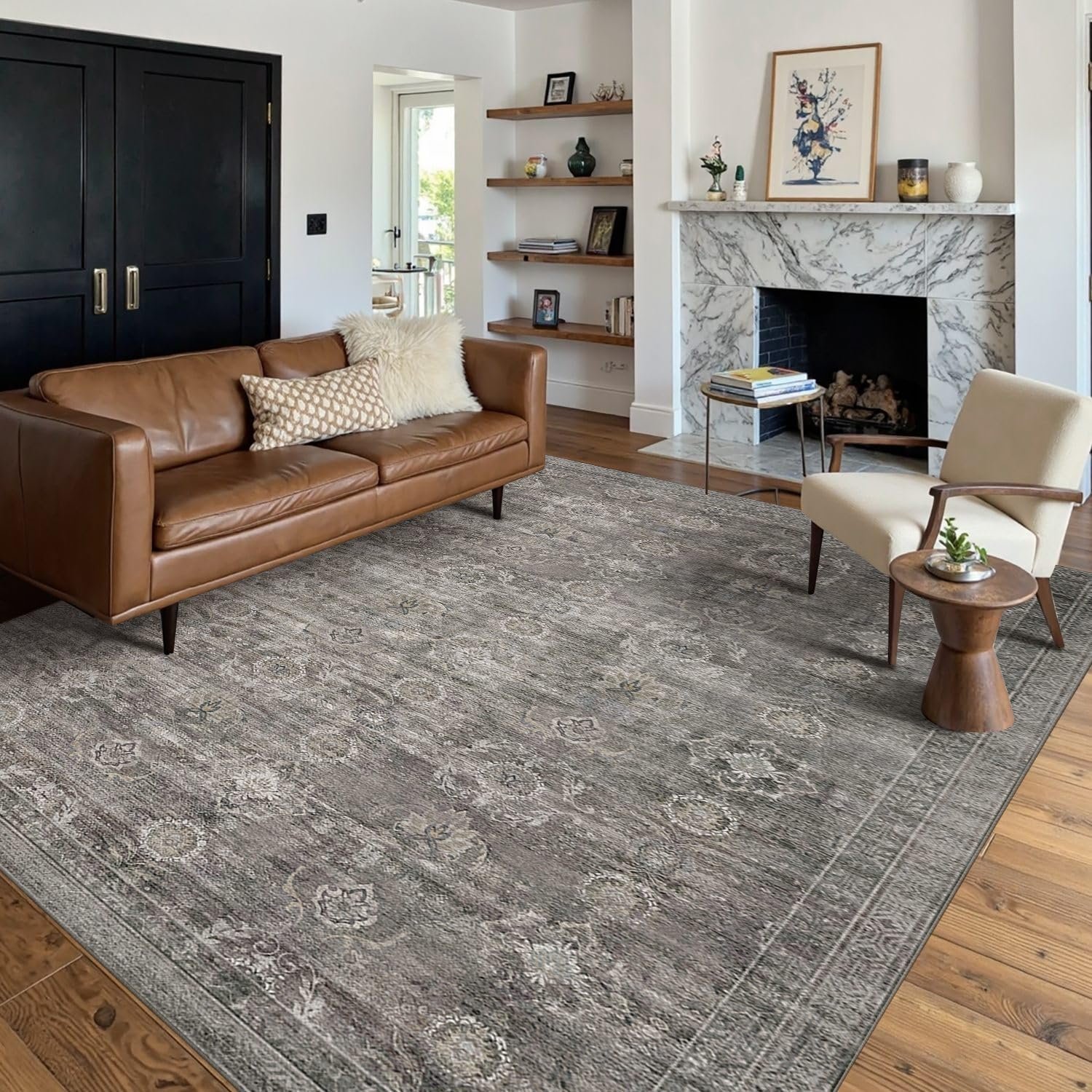 Rugxara Area Rugs 5×7 for Living Room Bedroom, Grey Washable Rug, Vintage Retro Boho Rug, Non Slip & Low Pile Faux Wool Thin Carpet for Indoor Dining Room, Dorm and Kids Room(Taupe/Grey 5x7ft)