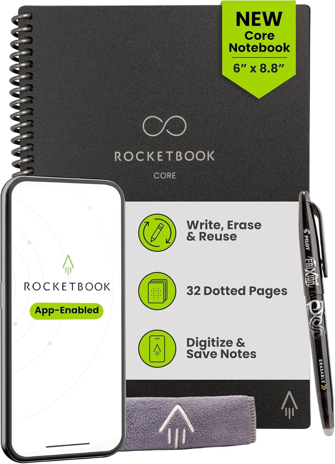Rocketbook Core Reusable Smart Notebook, Dot Grid Pages For School, Work and Creative Projects, Executive Size 6×8.8, Black – Premium | Lined and Dotted Pages For School Work and Creative Projects