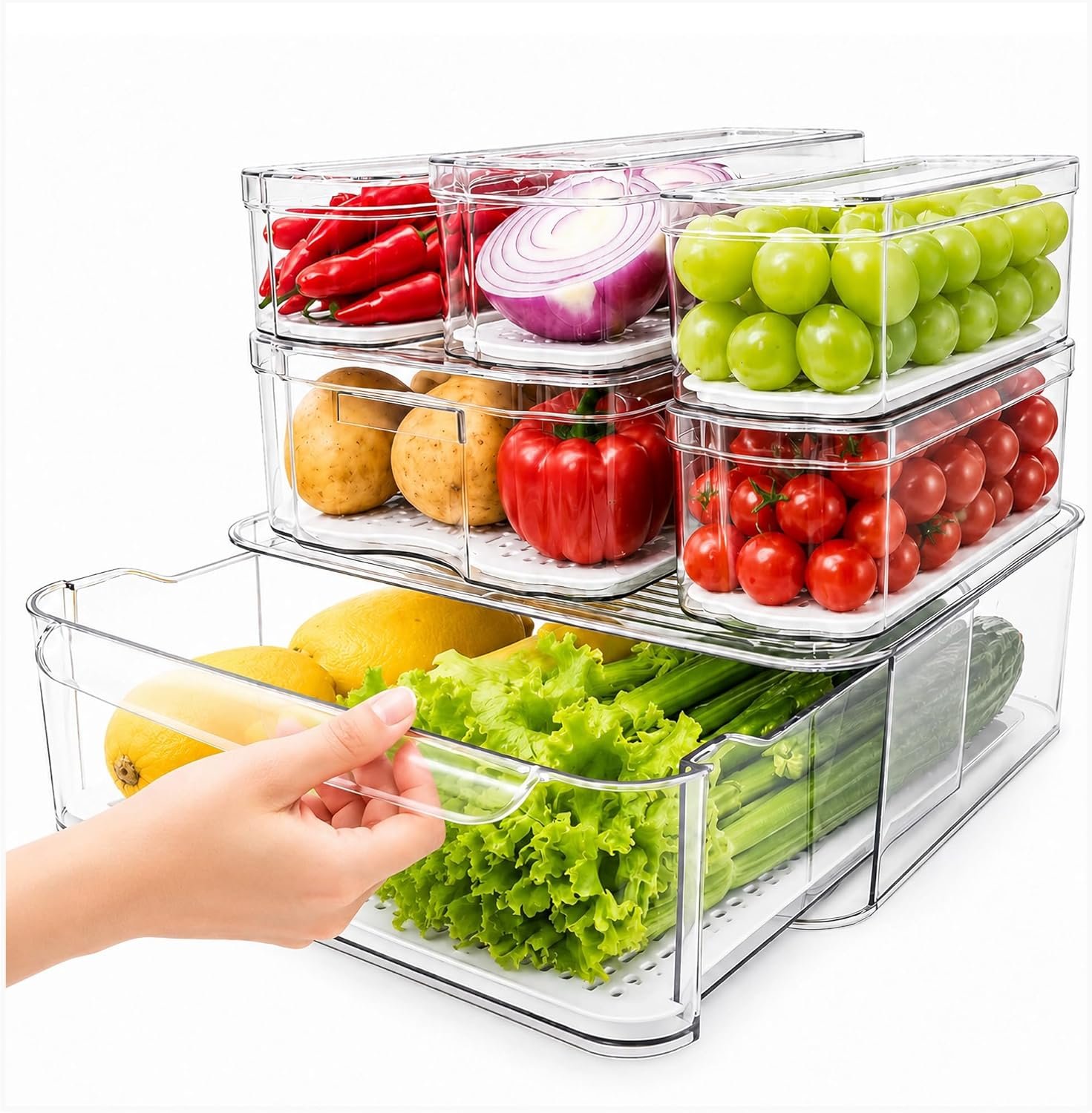 SMRCAD Clear Fridge Bins with Drain Trays – BPA-Free PET, Stackable(6 Pack) | 6 Pack: 1 Drawer + 5 lidded Bins, Helps Keep Produce Fresh, 16.3L Capacity, Hand Wash Only