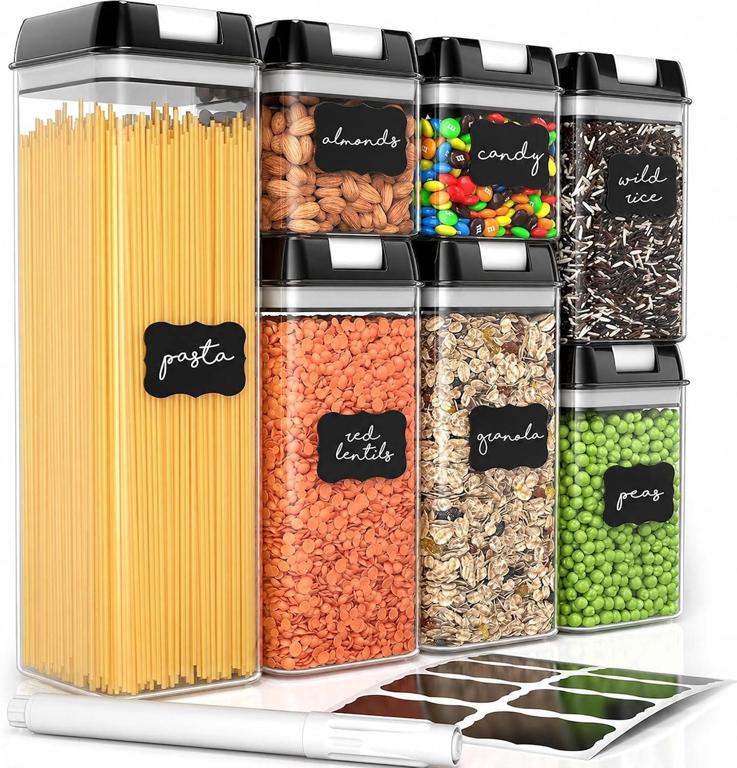 Simply Gourmet Airtight Food Storage Containers with Lids – 7 Piece Assorted Size Kitchen Pantry Organization Set, BPA-Free Clear Plastic, Stackable Containers for Cereal, Flour, Sugar, Rice, Snacks