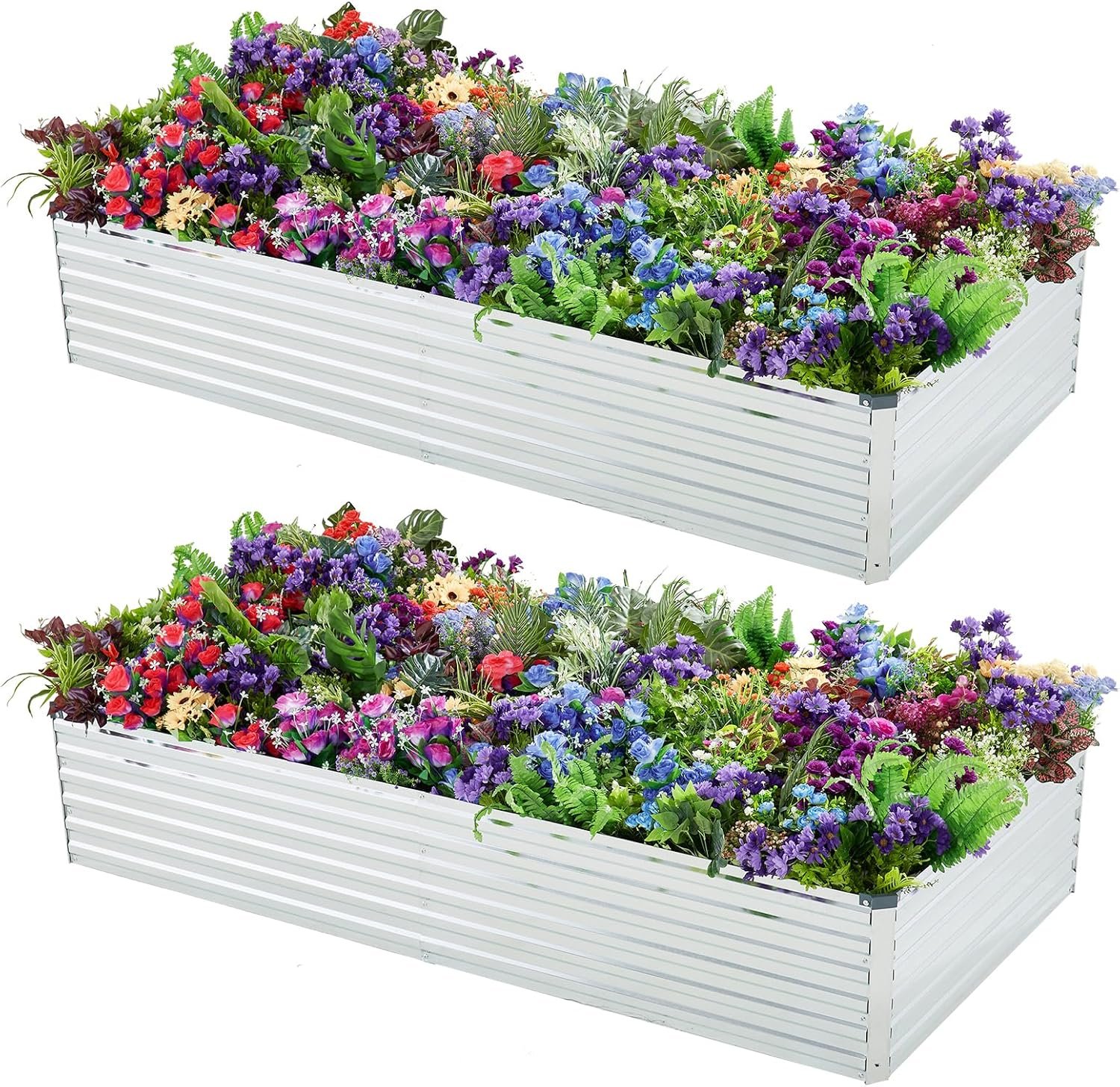 Meberam 2 Pack 6x3x1FT Galvanized Raised Garden Bed Kit, Outdoor Metal Planter Box for Vegetables, Bottomless Rectangular Gardening Bed with Support Rods, Tool-Free Assembly, Silver
