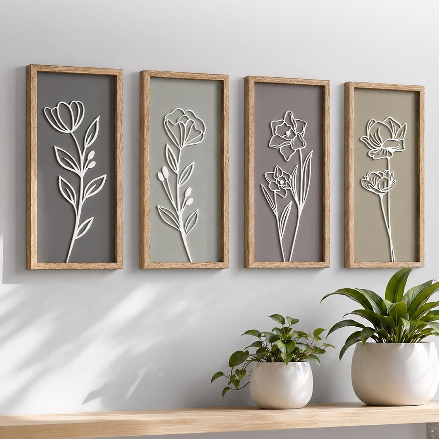 3D Wooden Floral Bathroom Wall Decor (Set of 4) Lightweight, Ready-to-Hang Framed Wall Art For Living Room, Bedroom, or Office – Premium Boho Botanical Farmhouse Decorations – Gift-Boxed