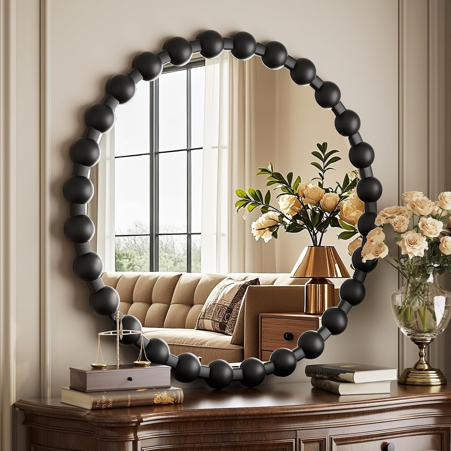 Easly Round Mirror for Wall, 24 Inch Black Beaded Frame Decorative Vanity Mirror, Circle Bathroom Mirror with High-Definition Lense, Modern Wall Decor for Bathroom, Living Room, Bedroom, Entryway