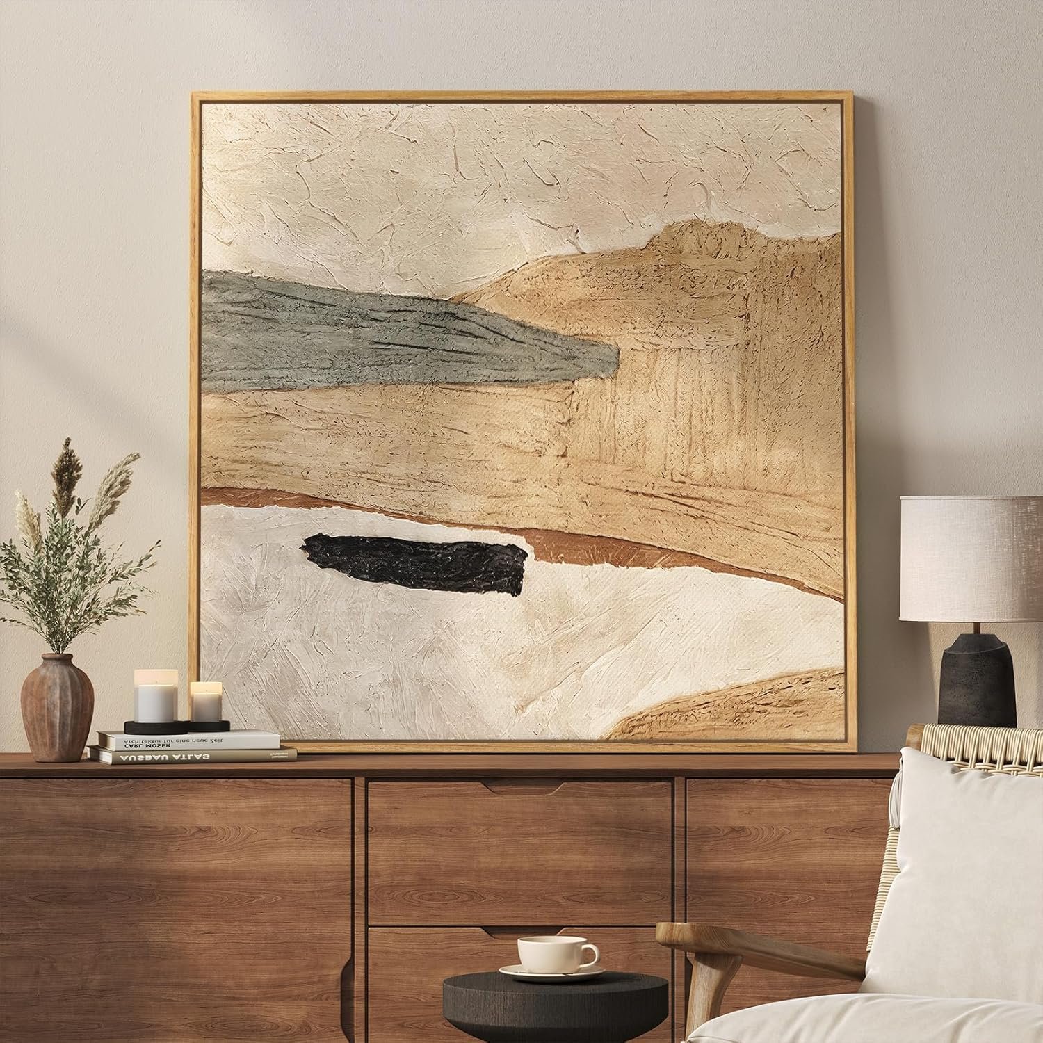 Framed Neutral Abstract Wall Art, Large Modern Canvas Prints Paintings Artwork for Walls, Minimalist Earth Tone Abstract Pictures for Living Room Lounge Dining Bedroom Office Wall Decor 30×30 In