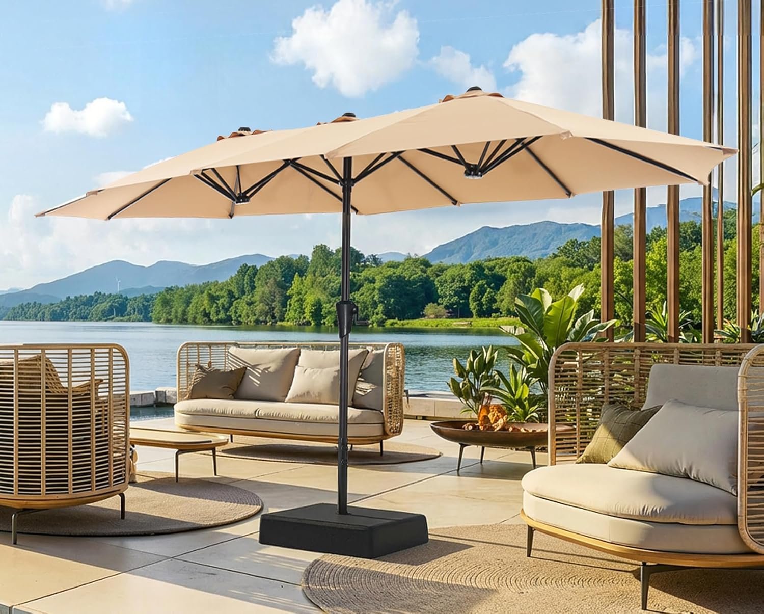 SUPERJARE 13FT Outdoor Patio Umbrella with Base Included, Double Sided Pool Umbrellas with Fade Resistant Canopy, Large Table Umbrella for Deck, Market, Backyard – Beige