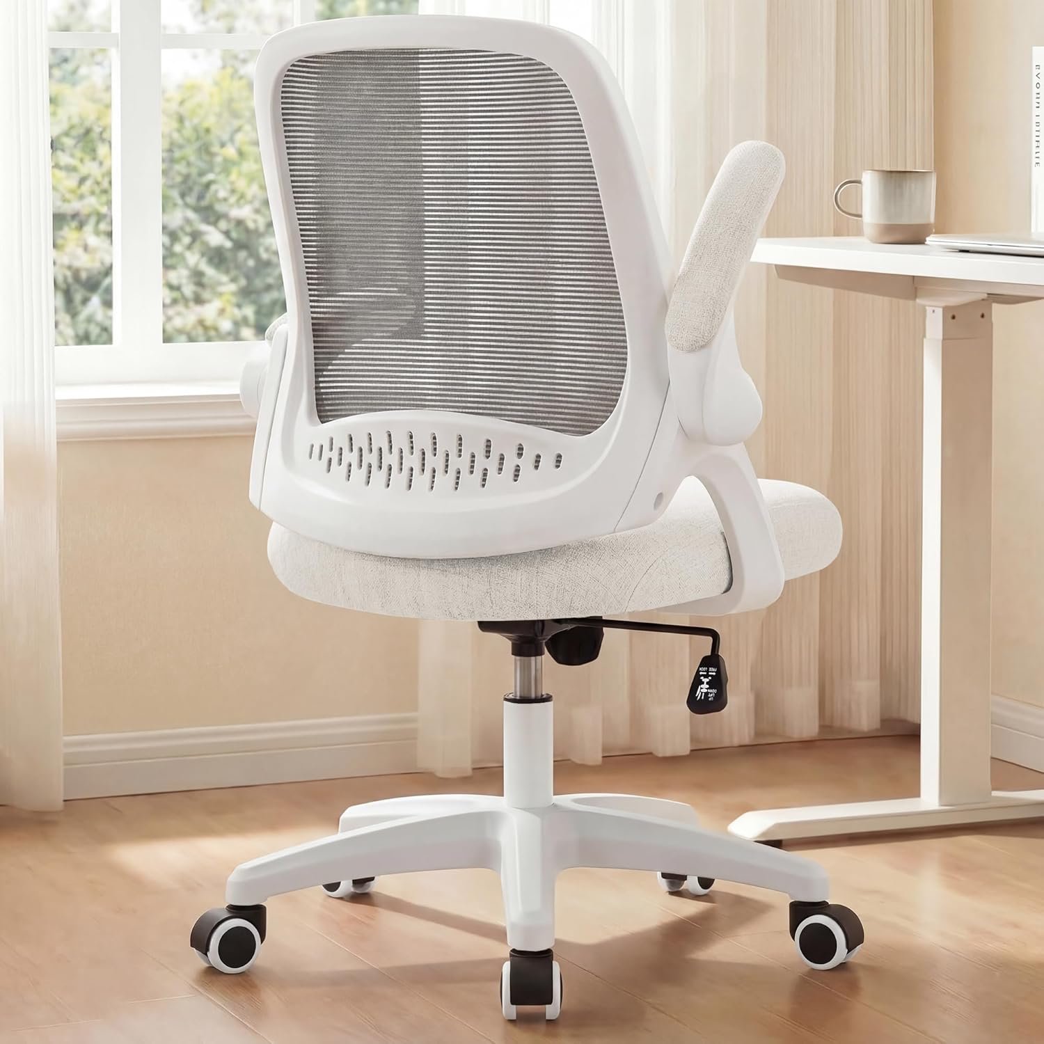 NEO CHAIR Office Desk Gaming Ergonomic Computer Chair with Lumbar Back Support Adjustable Height Swivel Rolling Wheels Flip-up Arms Mesh Chair for Home Vanity (Ivory)