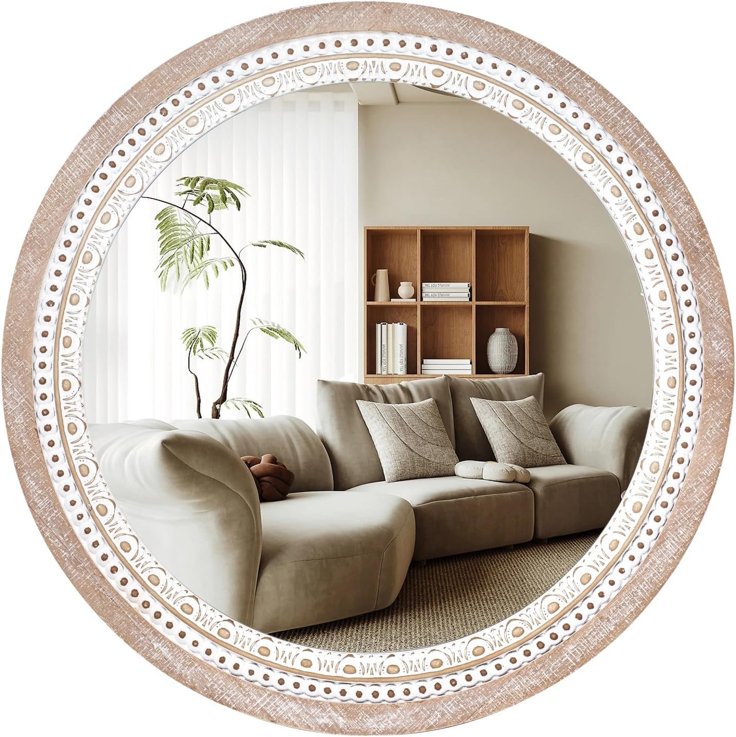 30 Inch Round Wood Mirror, Rustic Farmhouse Circle Mirrors for Wall Decor | Over-Sink Styling, Warm Boho Charm, Cozy Accent for Bedroom, Living Room, Entryway, Foyer, Bathroom, and Hallway