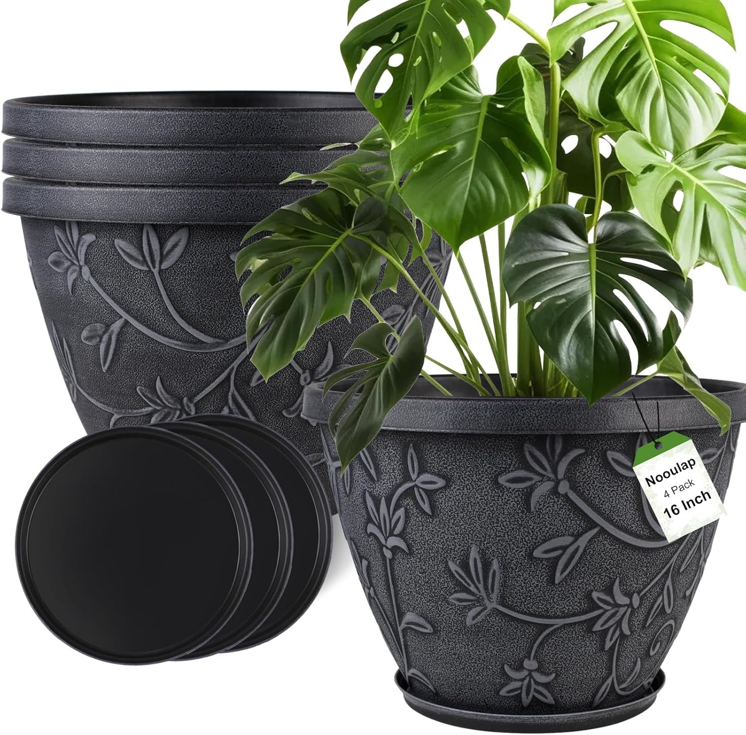 Nooulap 4 Pack 16 Inch Large Plant Pot for Outdoor, Plastic Flower Pot Indoor with Drainage Hole & Saucer, Modern Decorative Garden Pot, Imitation Magnolia Garden Pots for House Planters（Gray）