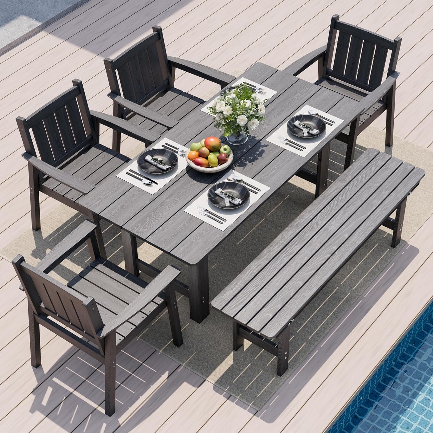Pamapic 6 PCS Outdoor Dining Set, Spacious HDPE Outdoor Table with 4 Chairs and 1 Bench, Wood Grain Patio Furniture Sets with Elegant Armrest, All-Weather Patio Dining Table with Umbrella Hole, Gray