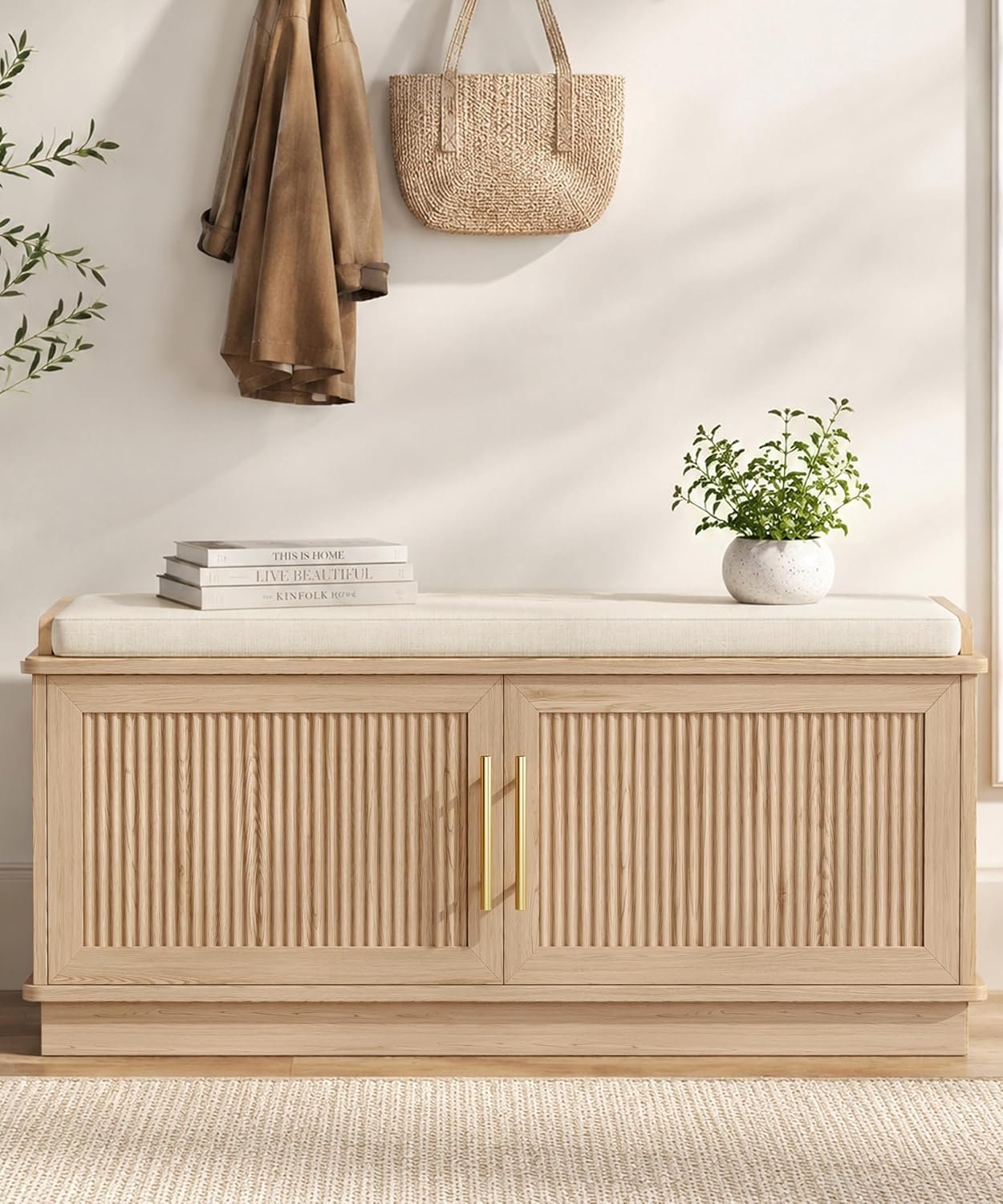 Akxomel Fluted Shoe Storage Bench with Cushion, 39.4″ Entryway Bench with Adjustable Shelves and 2 Doors, Shoe Cabinet Bench with Curved Profile, for Hallway, Living Room, Bedroom, Natural Oak