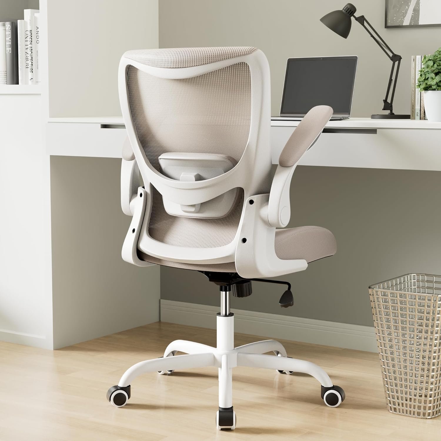 MUXX.STIL Office Chair, Ergonomic Desk Chair with Adjustable Lumbar Support and Flip up Armrest, Breathable Mesh Computer Chair for Home Office, Khaki