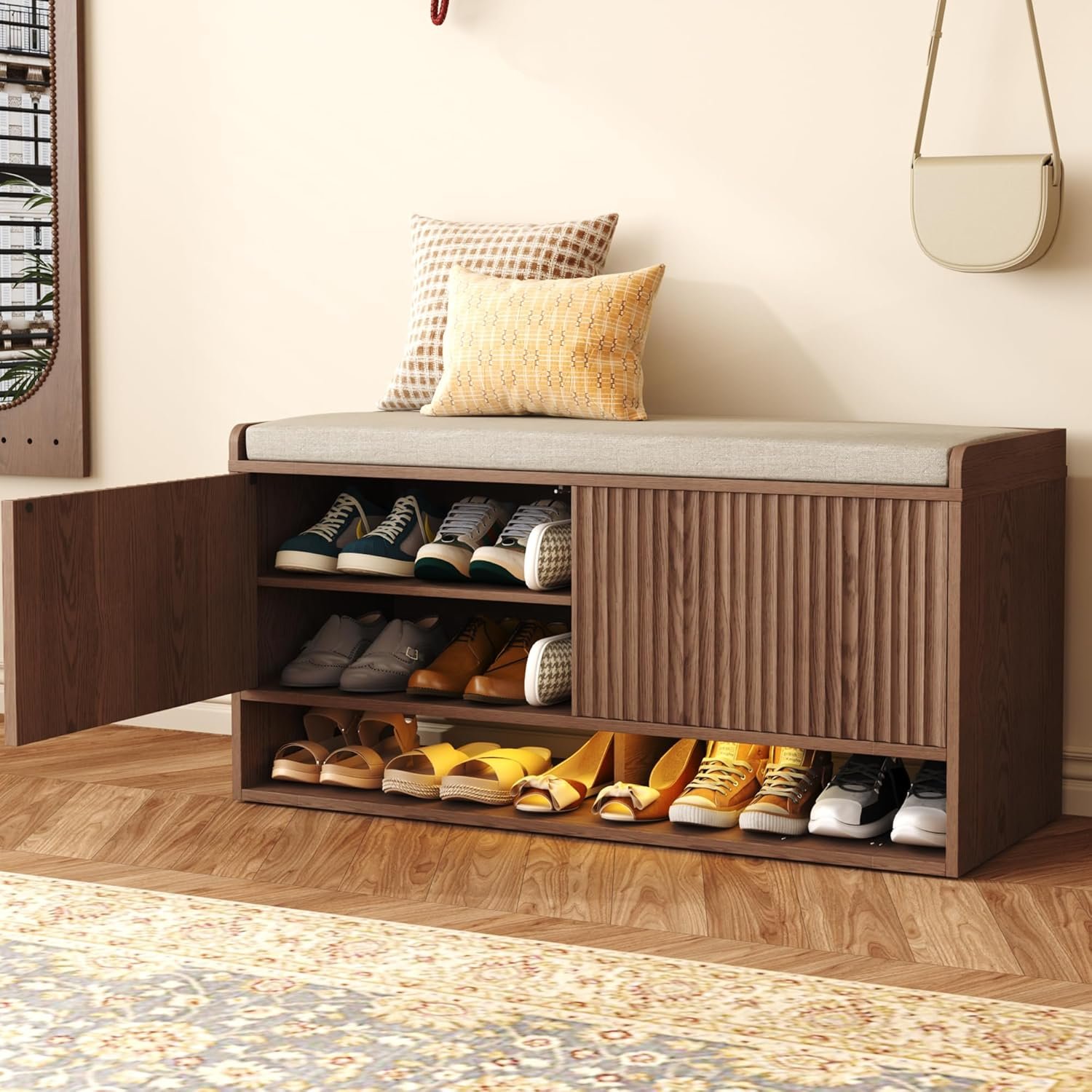 HOMEFORT 39.4″ Fluted Shoe Storage Bench, Entryway Bench with Linen Seat Cushion, Shoe Cabinet Bench with Adjustable Shelf and Built-in LED Sensor Light, Bench for Bedroom End of Bed,Walnut