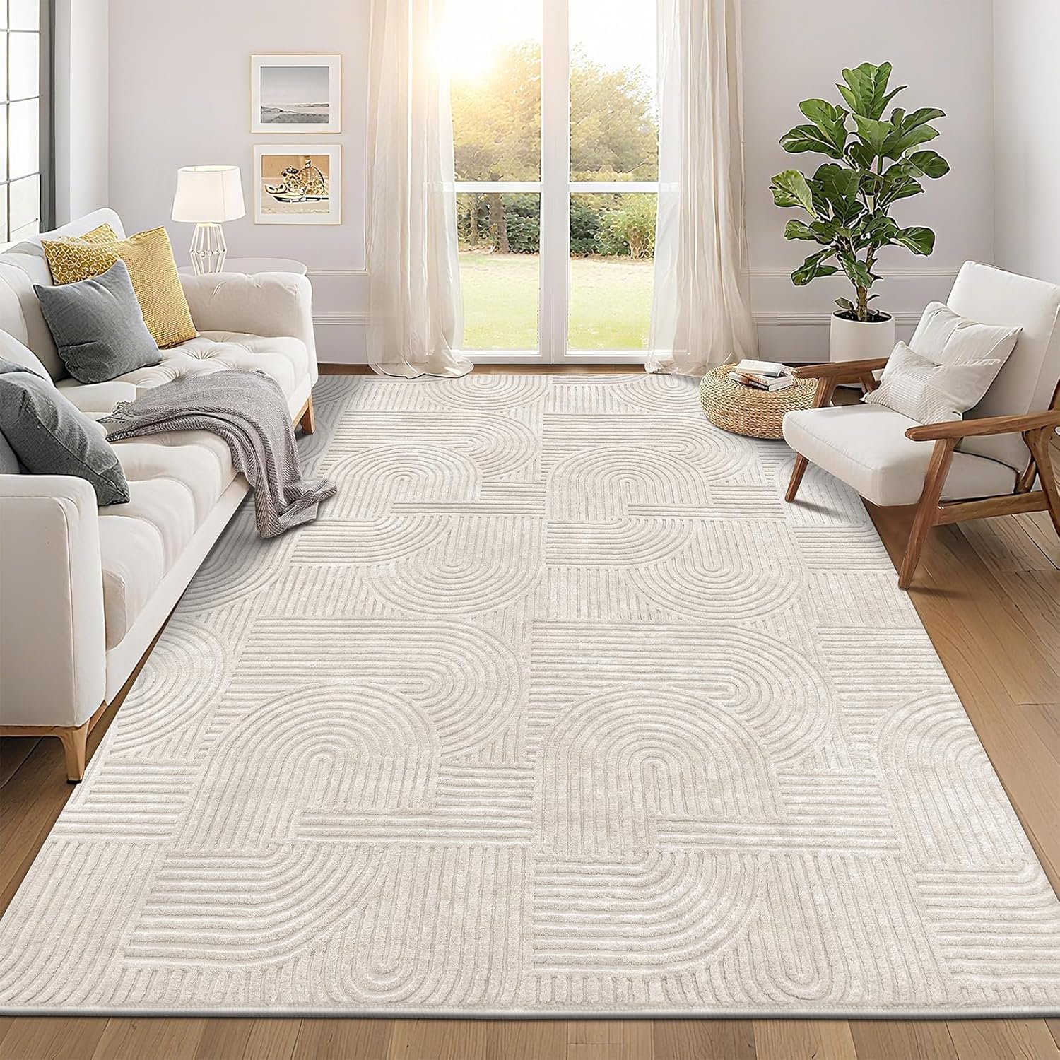 Pauwer 8×10 Washable Area Rugs for Living Room Modern Beige Solid Color Soft Fluffy Rugs for Bedroom Non Slip Boho Accent Indoor Mat Floor Carpet Cover for Kids Room Dining Room Kitchen Office