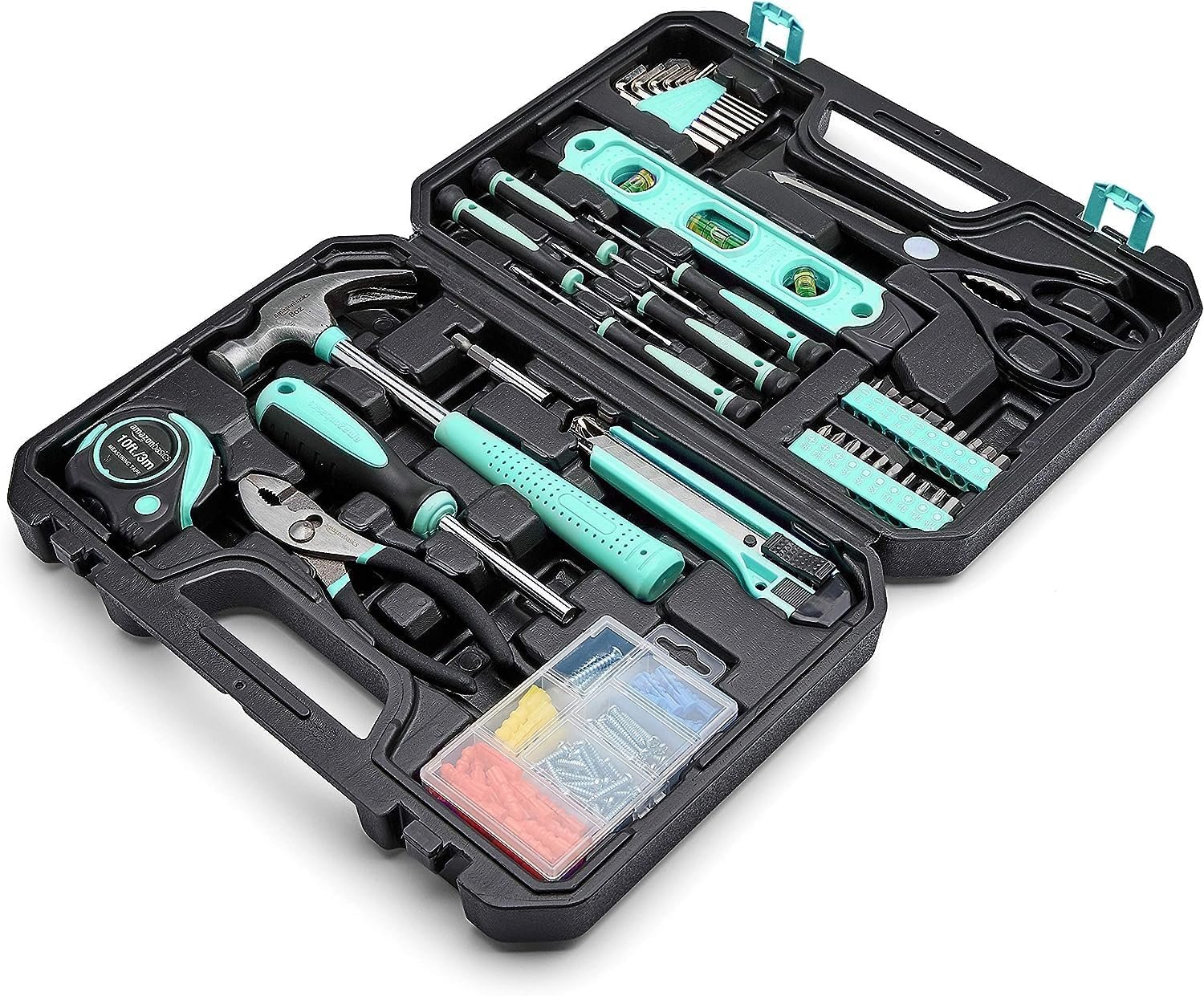Amazon Basics 142-Piece Household Tool Kit for Home Repair, Hand Tools with Storage Case, 13.39 x 9.25 x 2.95 inch, Turquoise