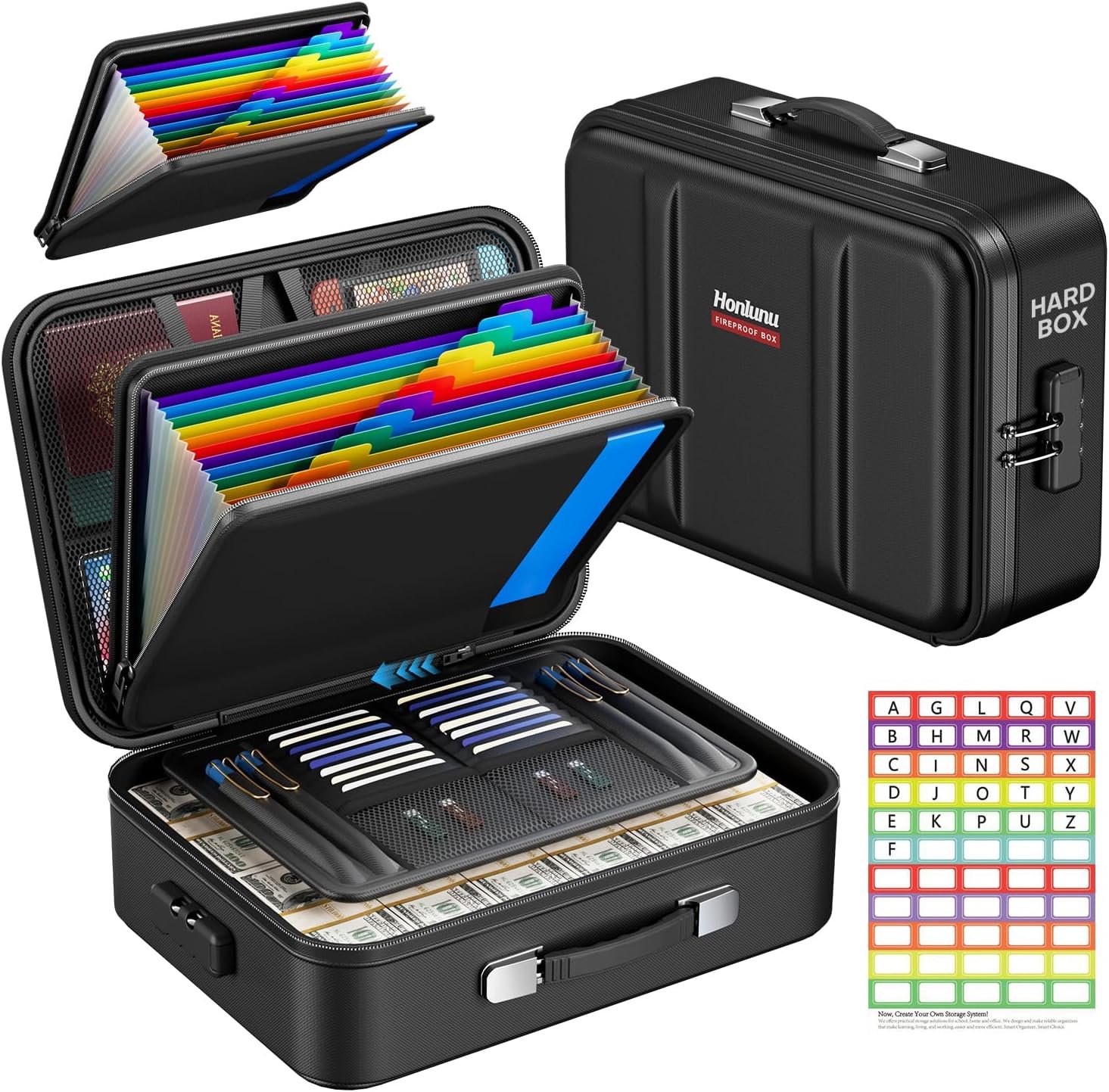 Fireproof Document Box with Lock, Hard Case Safe Box Water Resistant Document Organizer for Important Documents, Passports, Certificates & Cash, Portable File Storage for Home Office, Black