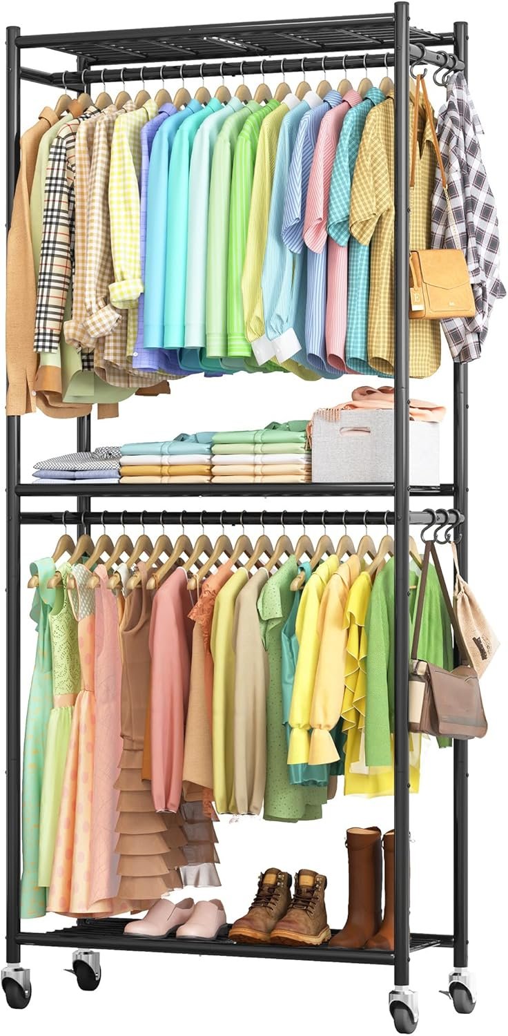 Sakugi Clothes Rack – 33.0″ x 12.2″ x 79.5″ Clothing Rack with Shelves & Wheels, Multi-Functional Wardrobe Closet with Hooks, Sturdy Metal Garment Rack for Bedroom, Laundry, Balcony (Black)