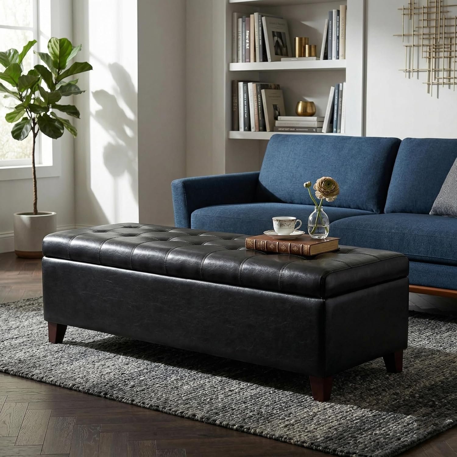Ottoman with Storage, 51 Inch End of Bed Storage Ottoman Bench, Faux Leather Upholstered Ottomans with Hinged Lid, Rectangle Long Foot Rest Bench for Entryway Living Room Bedroom Black