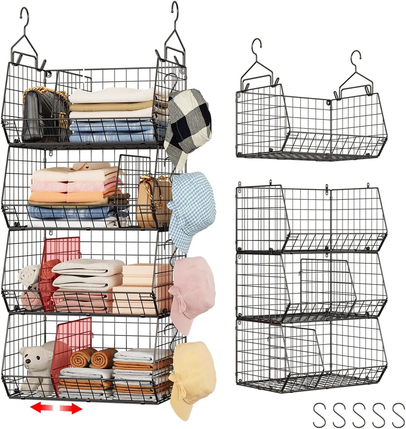 Jautokerdar 4 Tier Hanging Closet Organizer with Dividers,Extra Large Storage Hanging Shelf with 5 S Hooks 4 Dividers,Hang on Wire Closet Shelving Clothes Organizer-Black