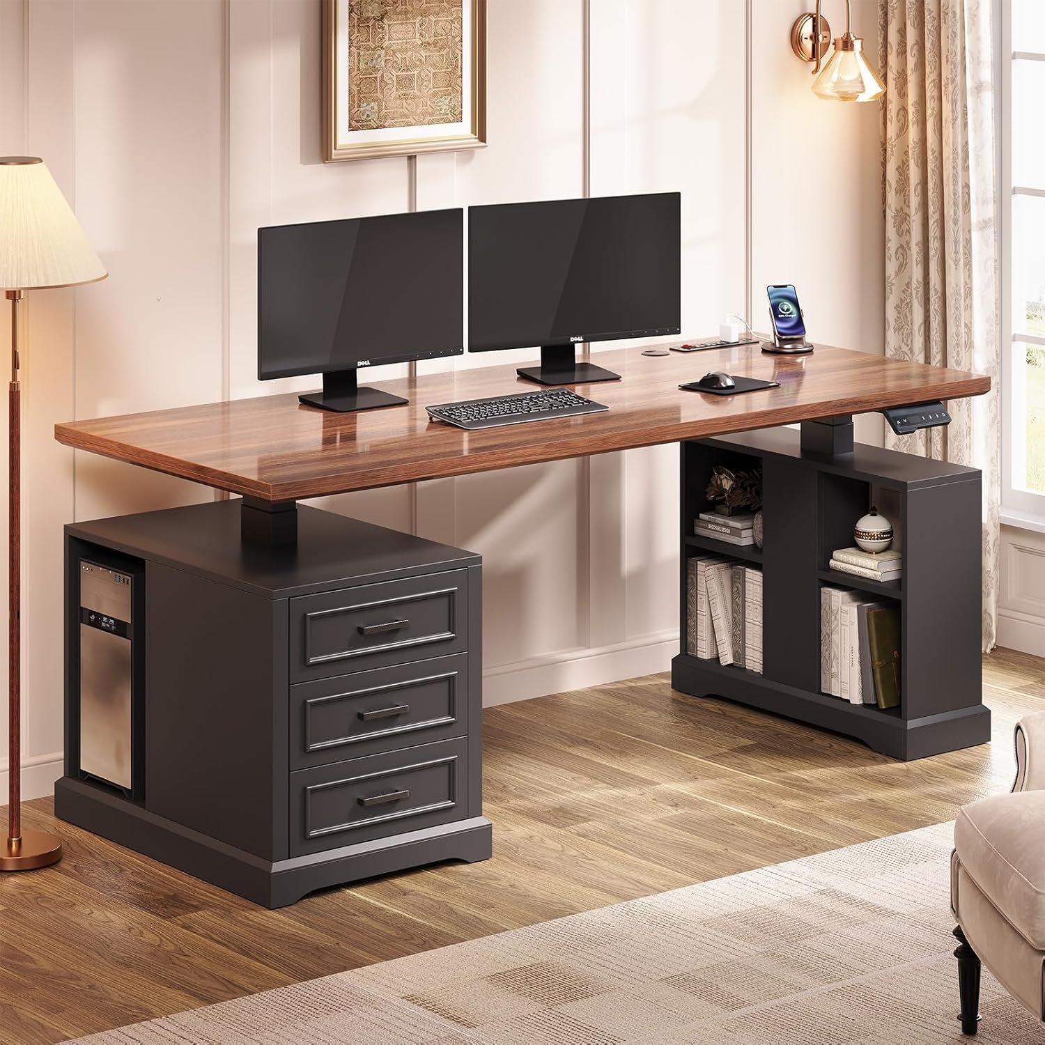 SEDETA Farmhouse Electric Standing Desk, 63″ Height Adjustable Computer Desk with 3 Drawers, Storage Shelves, Power Outlets, Wood Home Office Stand up Desk for Work, Study, Writing, Black