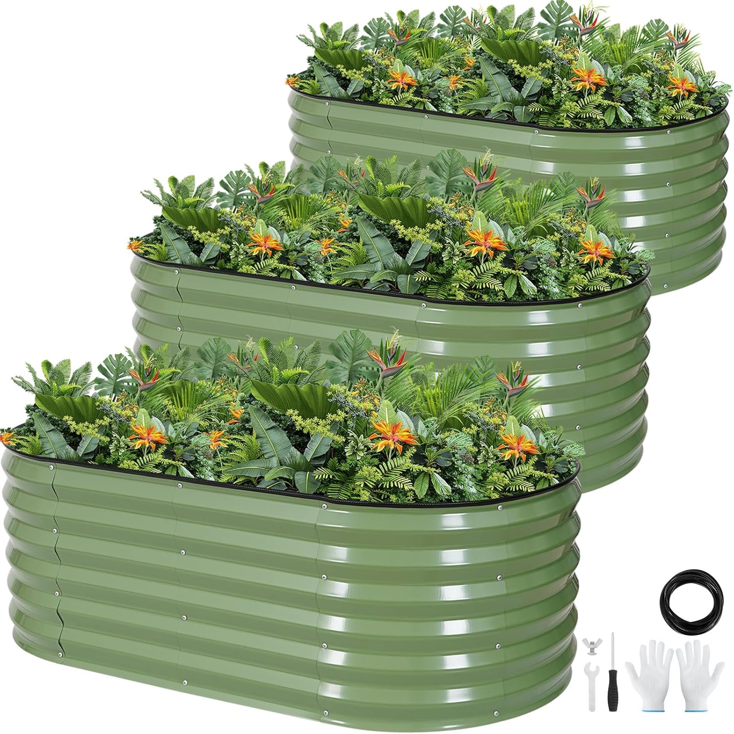 Galvanized Raised Garden Bed Outdoor |17” Tall Planter Box Outdoor for Deep Root Plants | 3Pcs Raised Bed Kit for Gardening with Rubber Strip for Vegetables Flowers Fruits (Olive Green, 4x2x1.4FT)