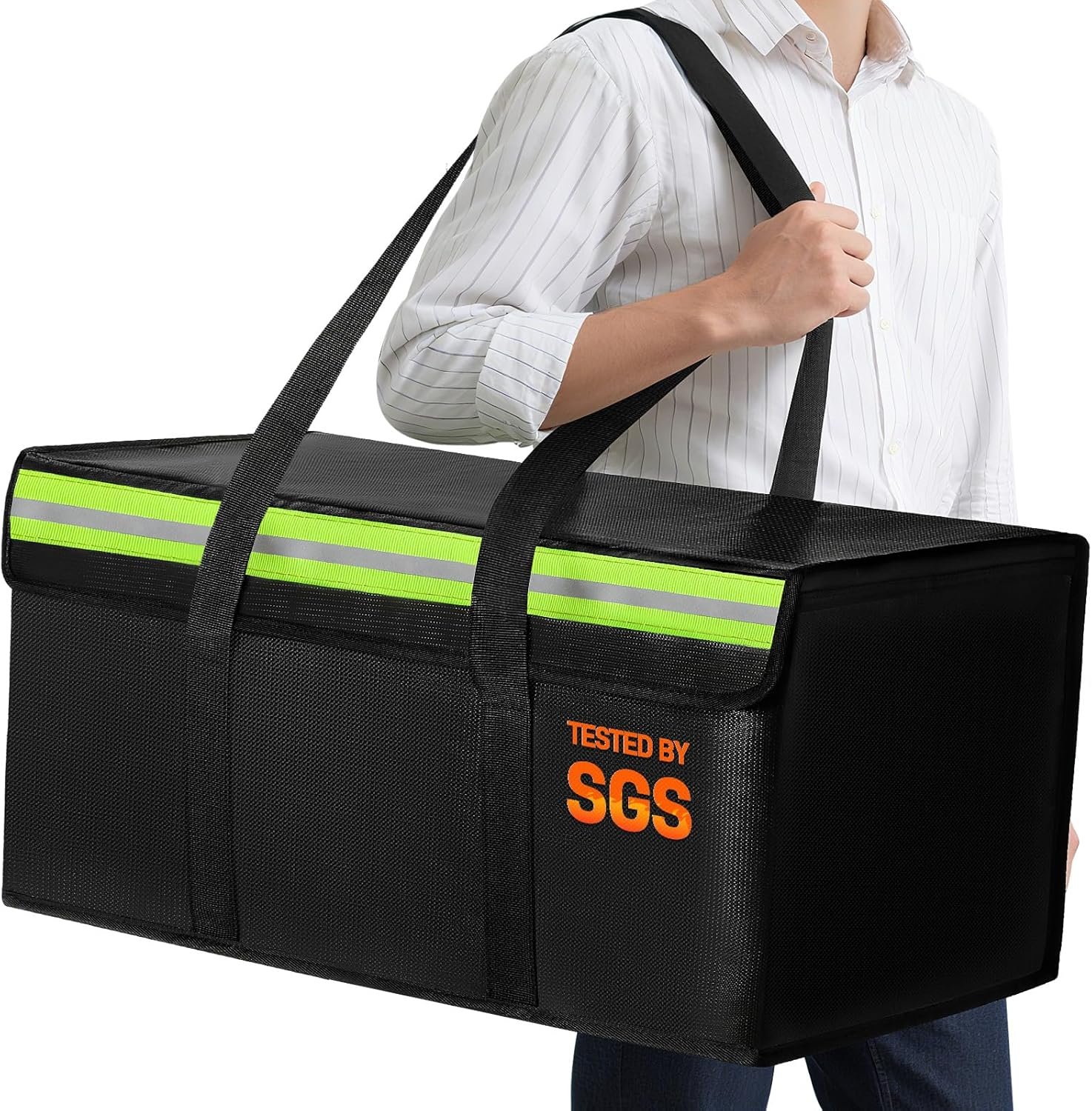 Large Fireproof Document Bag for Home Safe Storage, 24 x 12 x 12in | 2000°F fireproof document box, fiberglass important document storage for photo, file and cash with reflective strip, black