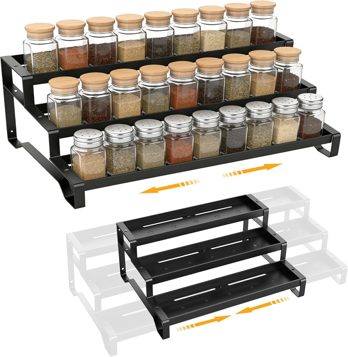 3-Tier Spice Rack Organizer, 13″-21.5″ Expandable Spice Organization Shelf, Metal Seasoning Organizer for Kitchen Countertop or Pantry, Slip-Resistant Design for Jars and Bottles, Black