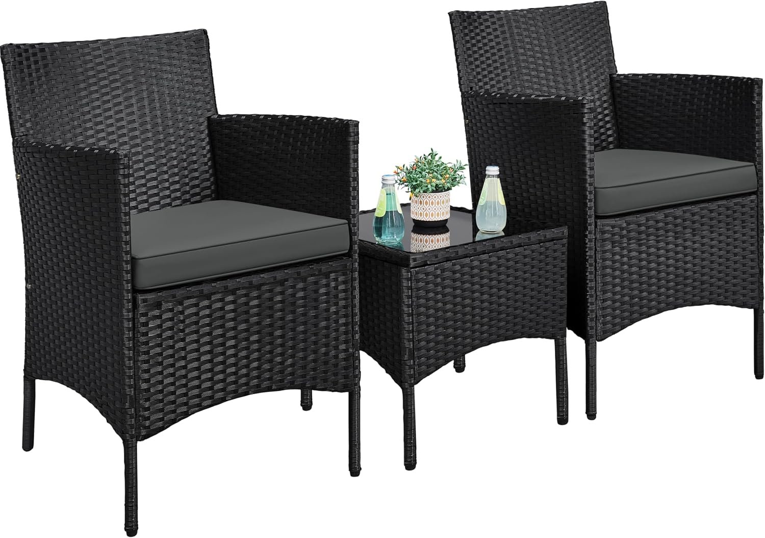 Yaheetech 3 Pieces Patio Porch Furniture Set, Outdoor PE Rattan Wicker Conversation Set with Soft Cushions, Glass Coffee Table & 2 Chairs for Garden/Deck/Courtyard/Poolside, Black/Gray