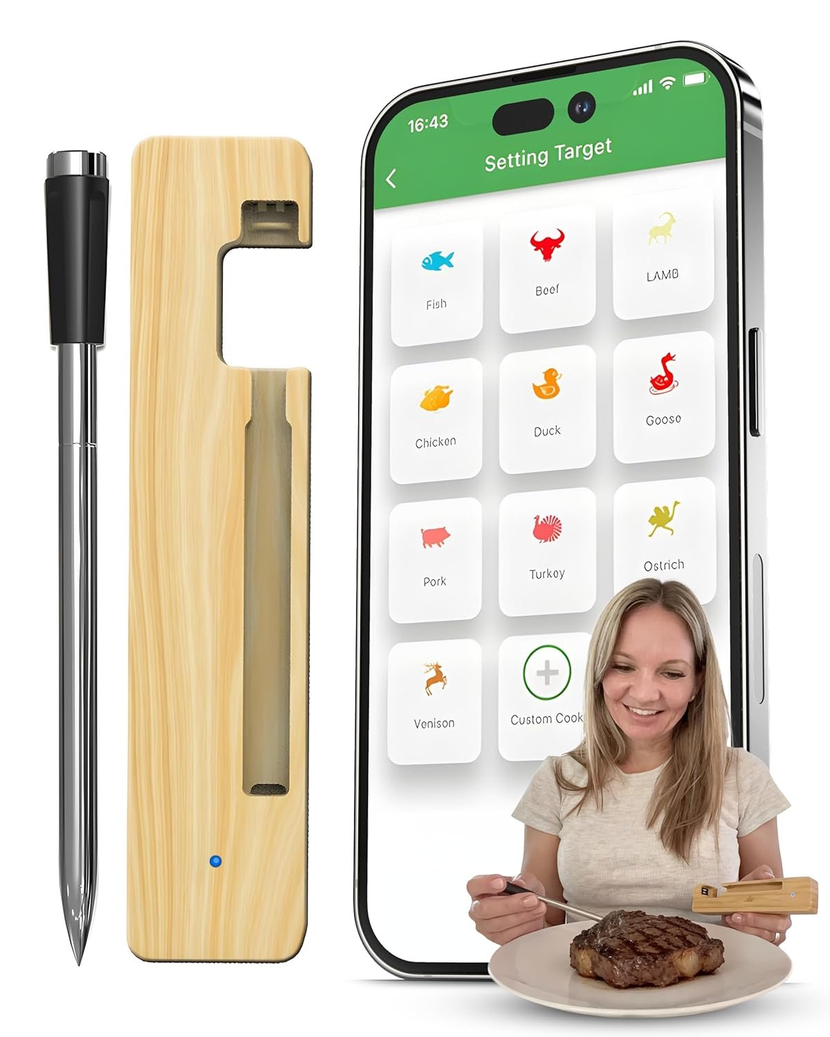 Grill Sync Wireless Meat Thermometer for Grilling, Smoking, Bluetooth Cooking with Dual Sensor Probe, Smart App Control for Grill, Smoker, Oven, Air Fryer, Waterproof Probe, USB-C Charging Case