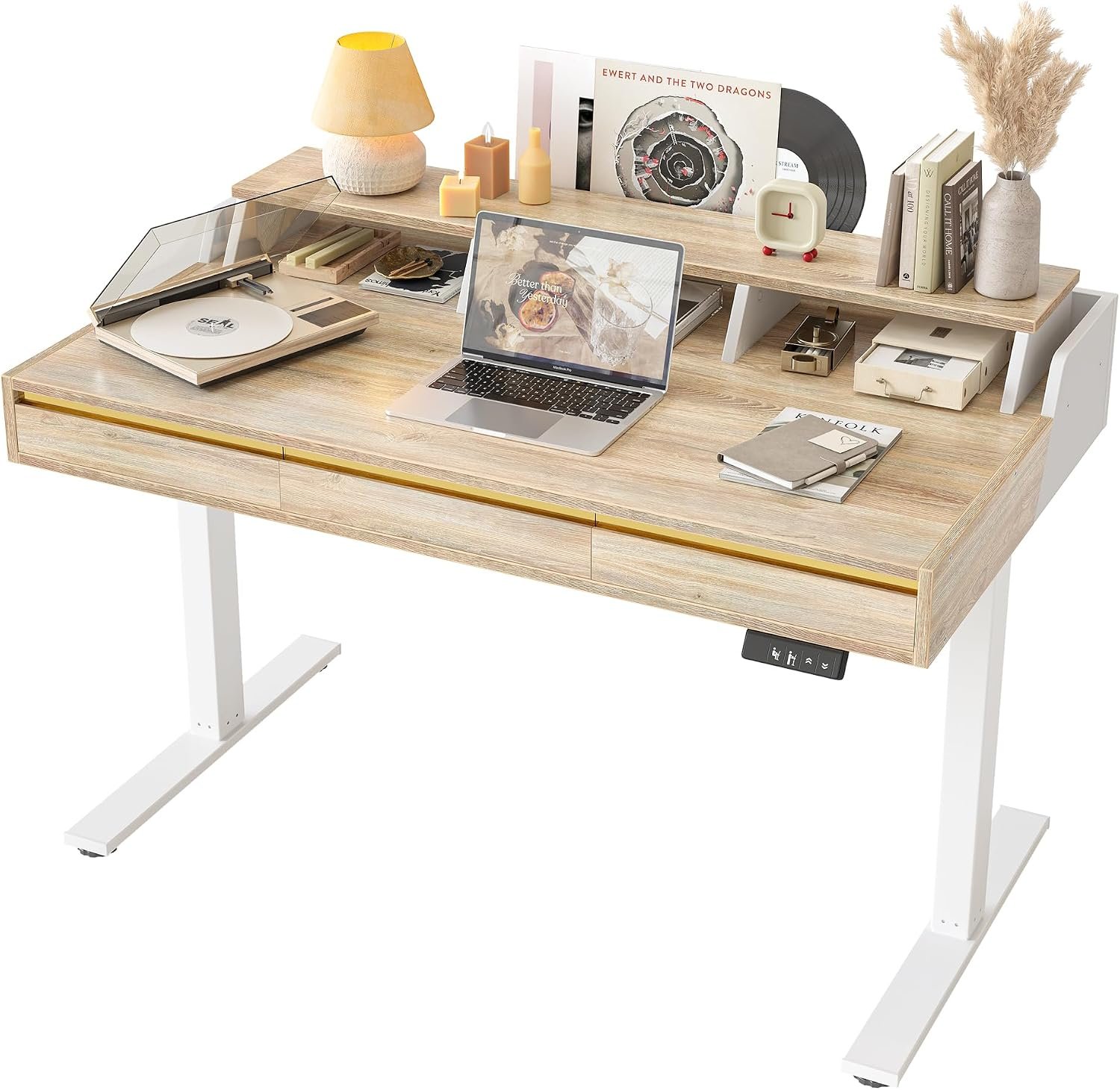 TIQLAB Standing Desk with 3 Drawers, 47″ Electirc Sit Stand Desk with Storage, Height Adjustable Computer Desk, Modern Home Office Desk with Monitor Stand, Maple