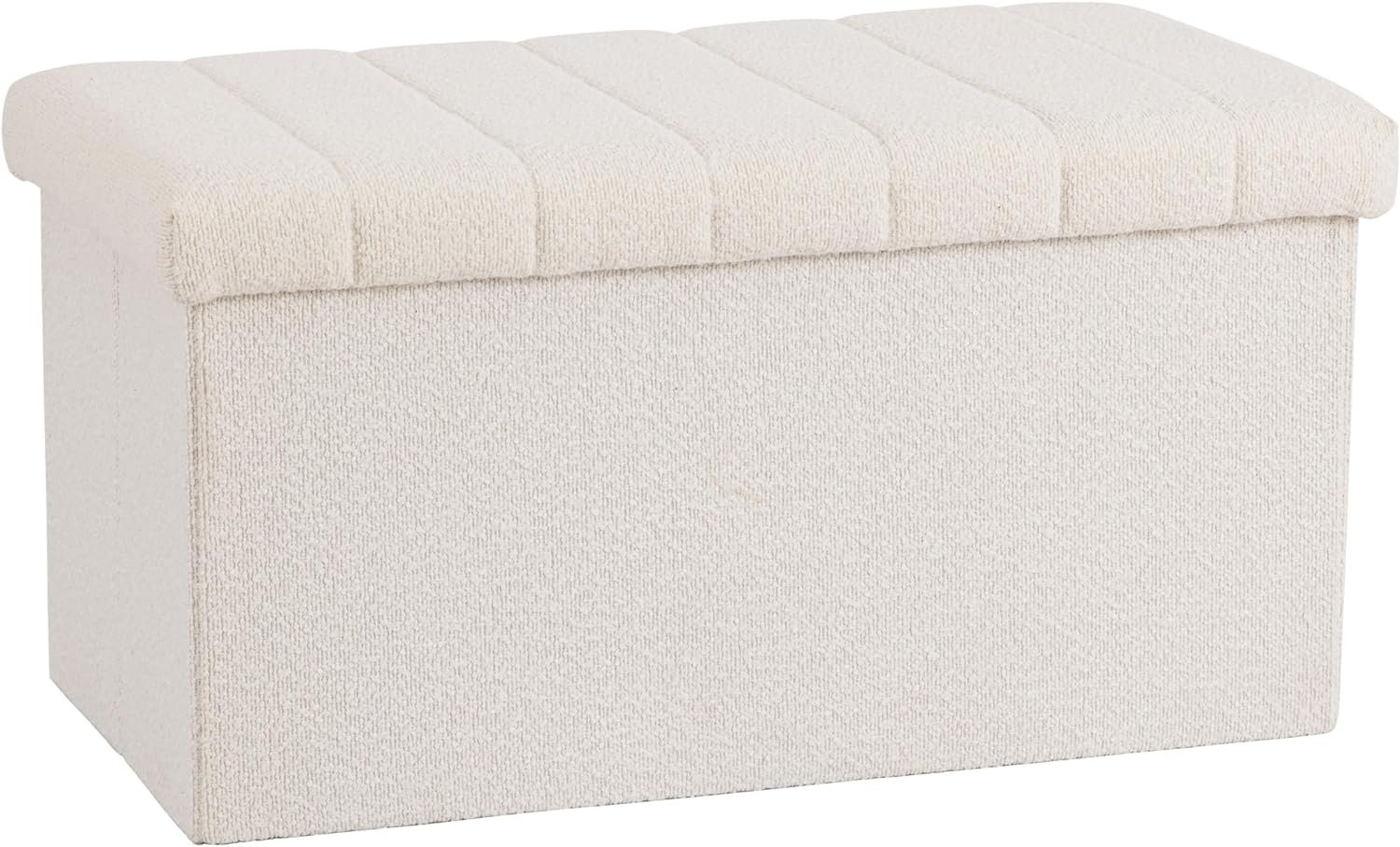 Seville Classics Cushioned Fabric Ottoman Hidden Storage Chest Footrest Chair, Padded Seat for Bedroom, Dorm, Loft, Living Room, Entryway, Hallway, White Boucle, 30″ Bench