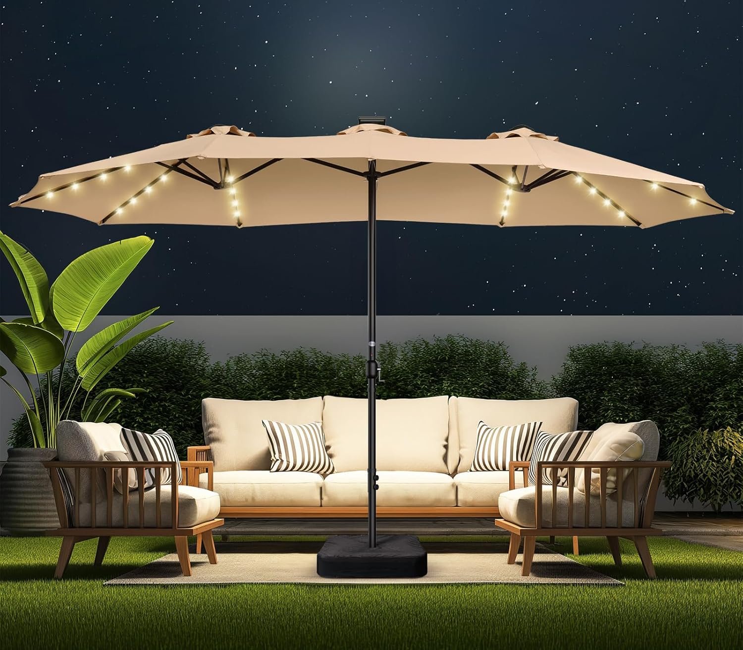 15ft Large Double Sided Patio Umbrella with 48 Solar LED Lights & Base Included, Heavy Duty Market Table Umbrella with 220gsm Fade-Resistant Canopy for Commercial & Residential, Deck, Pool, Backyard (Beige)