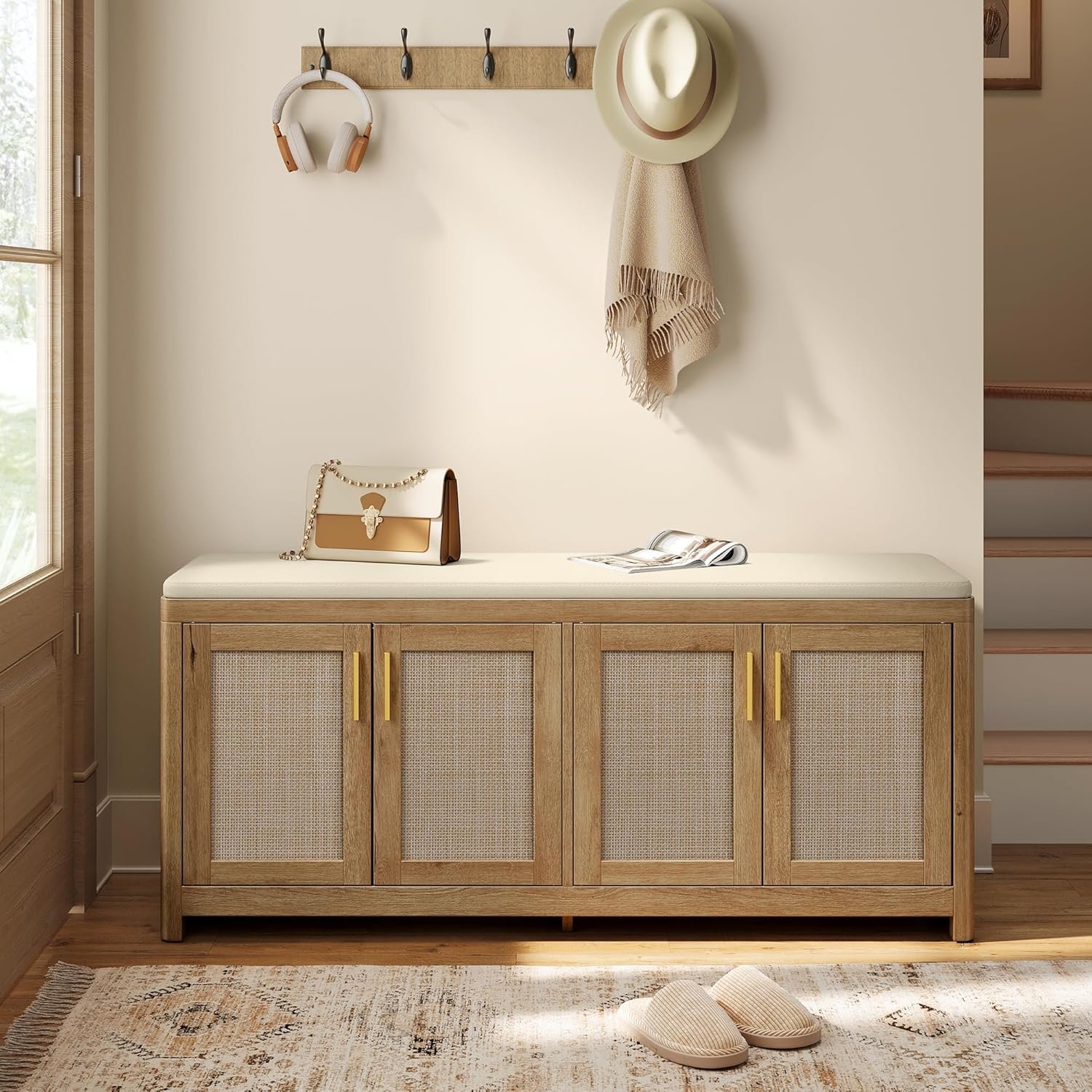 VASAGLE ELLAN Collection – Boho Shoe Bench with Cushion, Entryway Storage Bench with 4 Rattan-Look Cabinet Doors, Rounded Corners, Adjustable Shelf, for Bedroom Under Window, Natural Brown ULSB502KC01