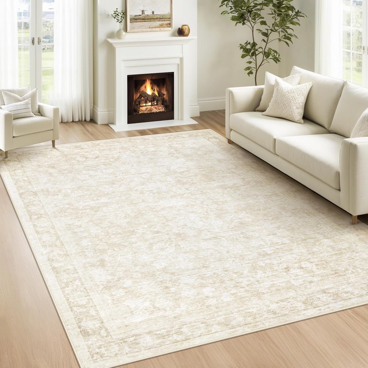6×9 Area Rugs for Living Room: Washable Vintage Floral Rug Low Pile Non-Slip Boho Carpet for Bedroom Nursery Dining Room (Beige, 6’x9′)