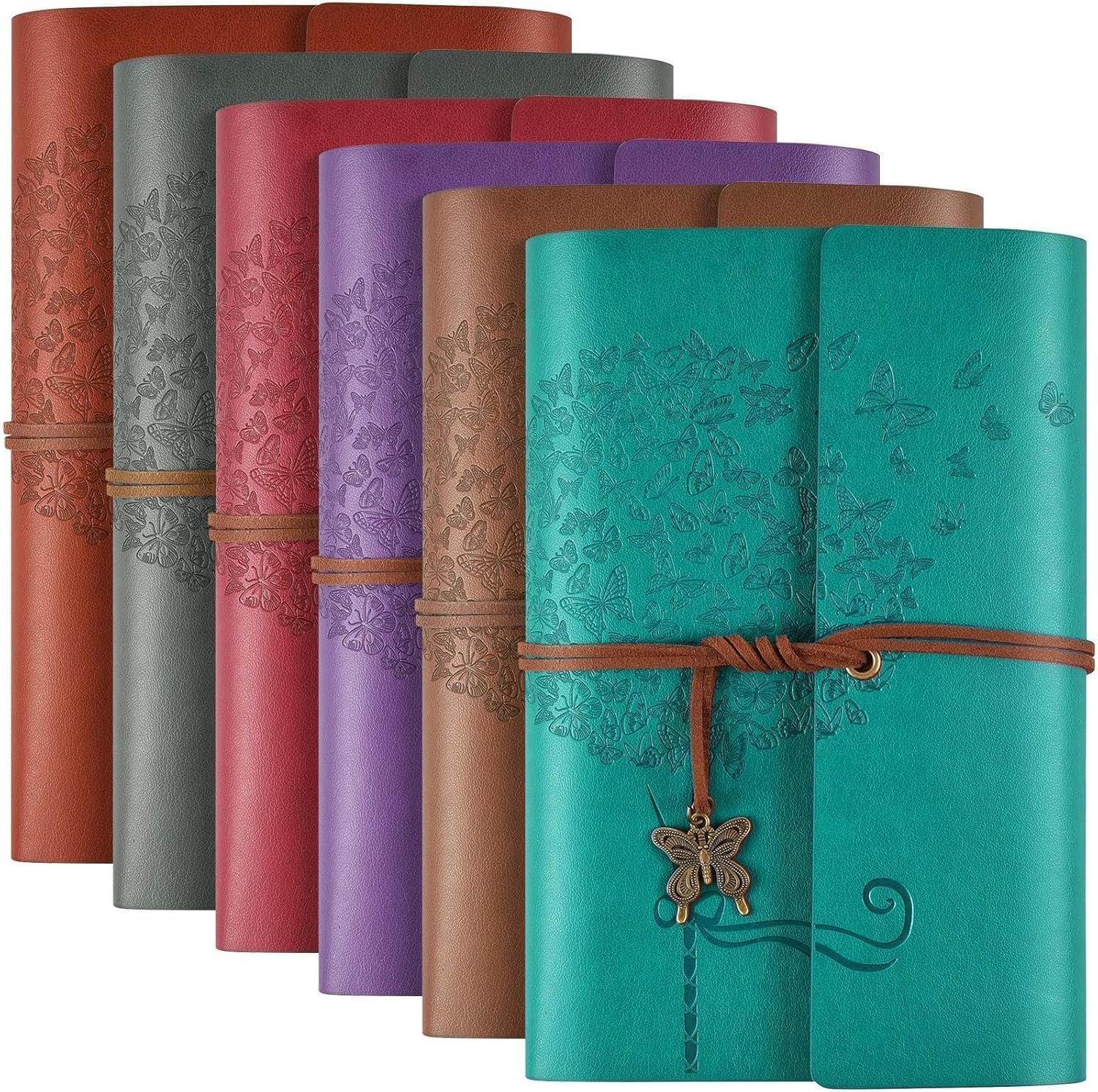 6 Pack PU Leather Notebook Journal, Travel Journal Bulk, Refillable Vintage Journals for Writing,Christmas Gifts for Women, Men, Girls, 100GSM Lined Paper, Each 160 Pages & 2 Pockets(A6, 5 x 7 inches)
