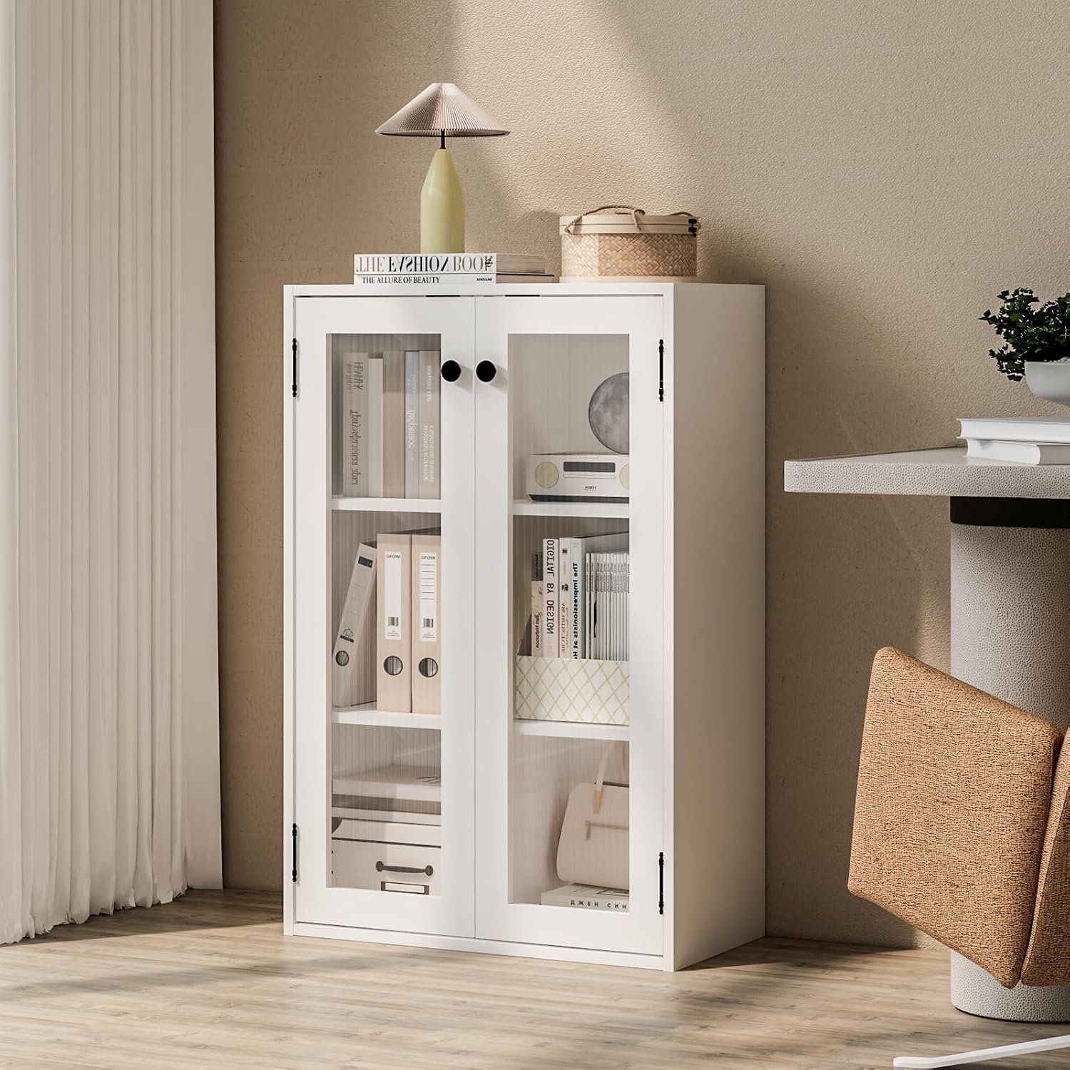 Glass Door Bookcase, Metal Display Cabinet with 2 Fixed Shelves, Wall-Mountable, Anti-Tip Safe Design, Compact Storage for Home Office, Kitchen, Living Room, White