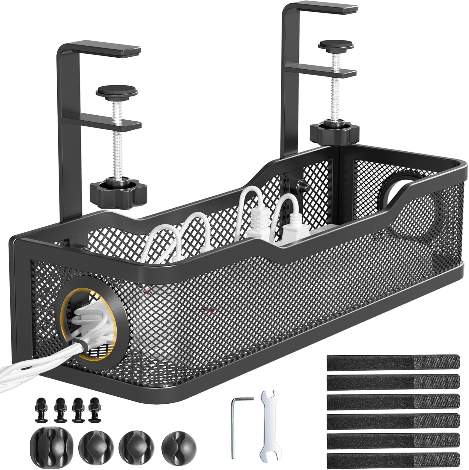 Under Desk Cable Management Tray Black, Cinati Wire Organizers No Drill, Cable Tray with Clamp for Wire Management, Cord Organization Box for Office, Home – No Damage to Desk