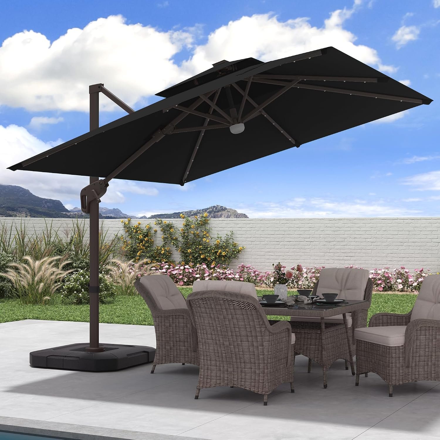 JZAC & QZYD 9×9 FT Cantilever Patio Umbrella with Base & Solar LED, Black | 9×9 FT square shade, weighted base included, 2-tier aluminum canopy, 360 rotation for pool deck and backyard.