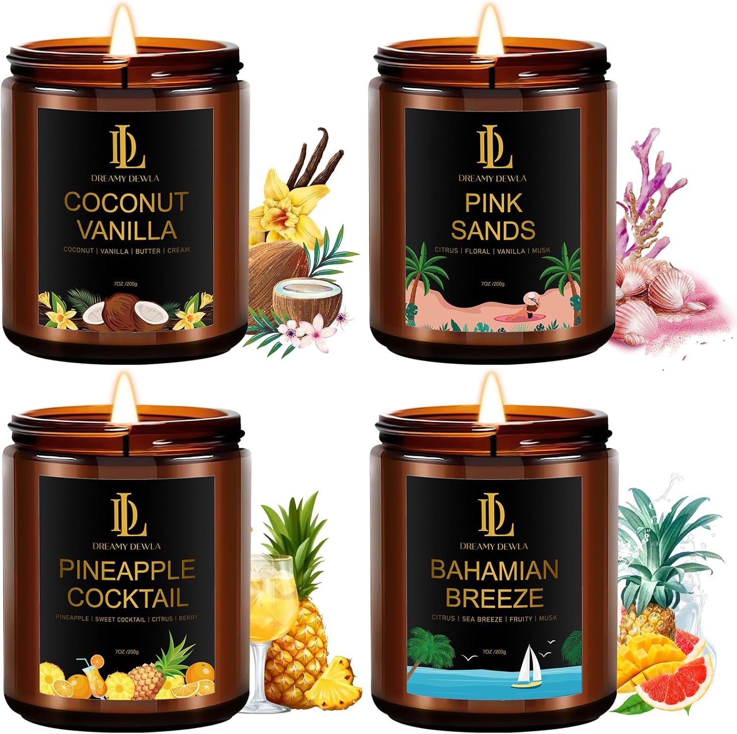 Scented Candles Set, 4 Pack Soy Candles for Home Scented, Candle Gifts for Women Men, 28oz 200 Hours Burn, Scents of Pineapple Cocktail/Coconut Vanilla/Pink Sands/Bahamian Breeze