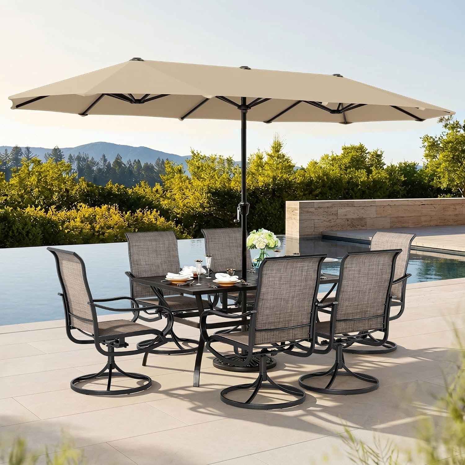 Sophia & William Patio Set with Umbrella 8 Pieces Outdoor Dining Set for 6 with 13ft Double-Sided Umbrella Beige, 6 x Swivel Patio Chairs Brown, 1 Metal Table for Lawn Garden (No Umbrella Base)