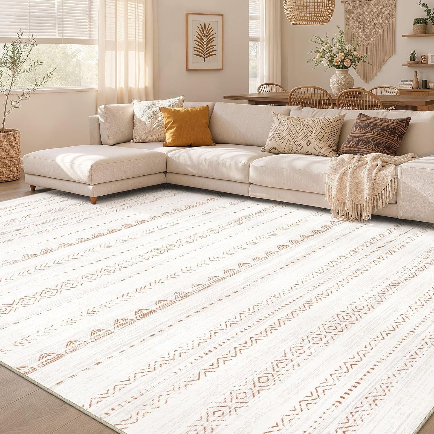 Nakagishi Area Rug Living Room Rugs: 5×7 Large Soft Machine Washable Boho Moroccan FarmNeutral Stain Resistant Indoor Floor Carpet for Bedroom Under Dining Table Home Office Decor-Cream Brown