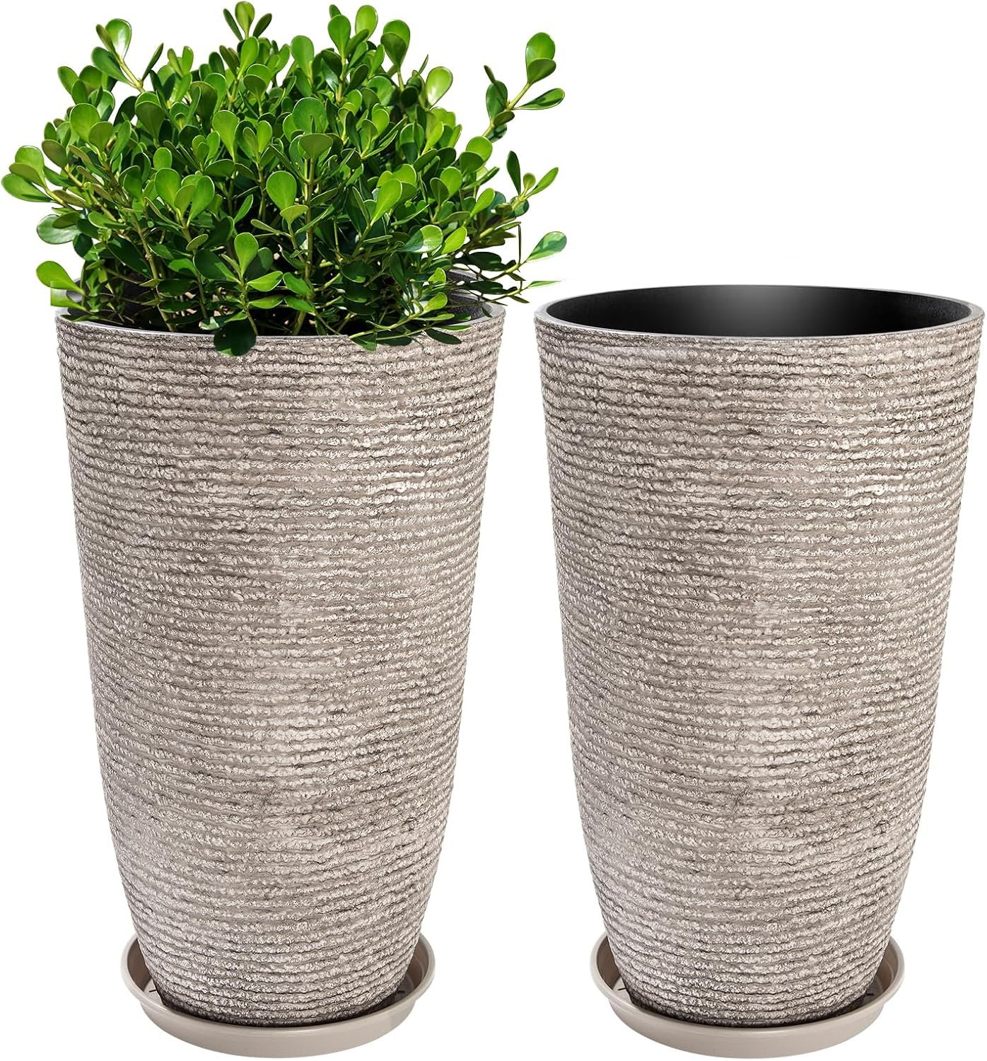 QCQHDU Set of 2 Oversized 9 Gallon Round Planters for Front Door & Patio – 12×21 Inch Tall Outdoor/Indoor Plant Pots with Drainage Tray, Gray Faux Stone Textured Tree Planters for Porch Decor