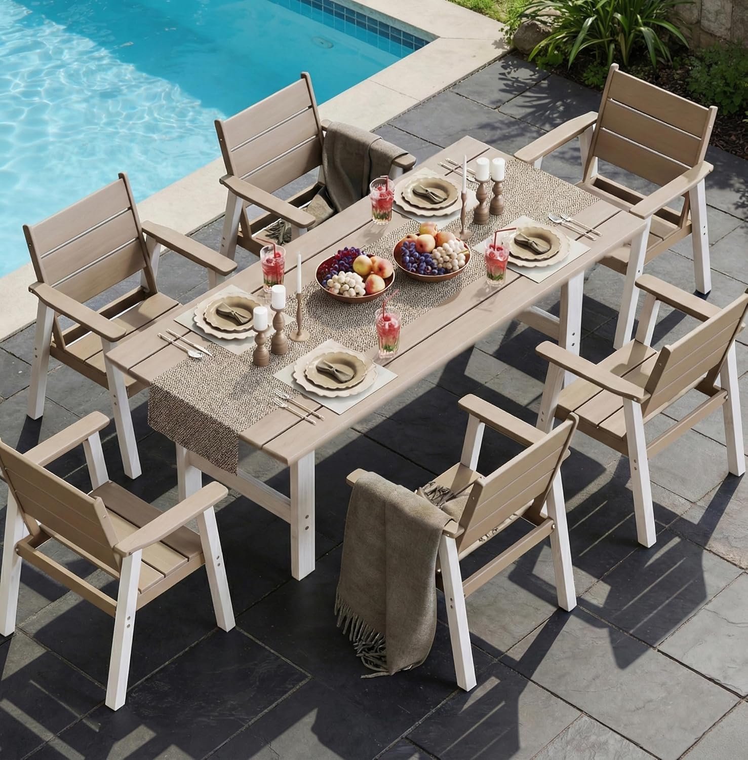 Outdoor Dining Set,7-Piece Patio Table and Chairs Set for 6, HDPE Outdoor Dining Table and Chairs with Umbrella Hole, All-Weather Patio Dining Furniture Set,White Brown