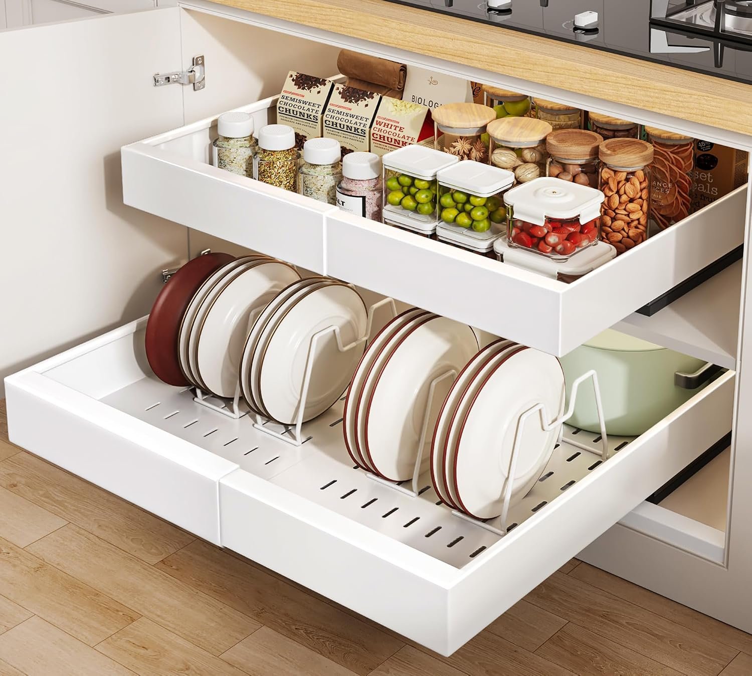 Seinloes 2Pack Pull out Cabinet Organizer 21″Deep with 4 Adjustable Dividers,Expandable（12.1″-20.4″W） Pots and Pans Organizer Under Cabinet with Raising Pad for Framed Cabinets,Slide out Drawers,White