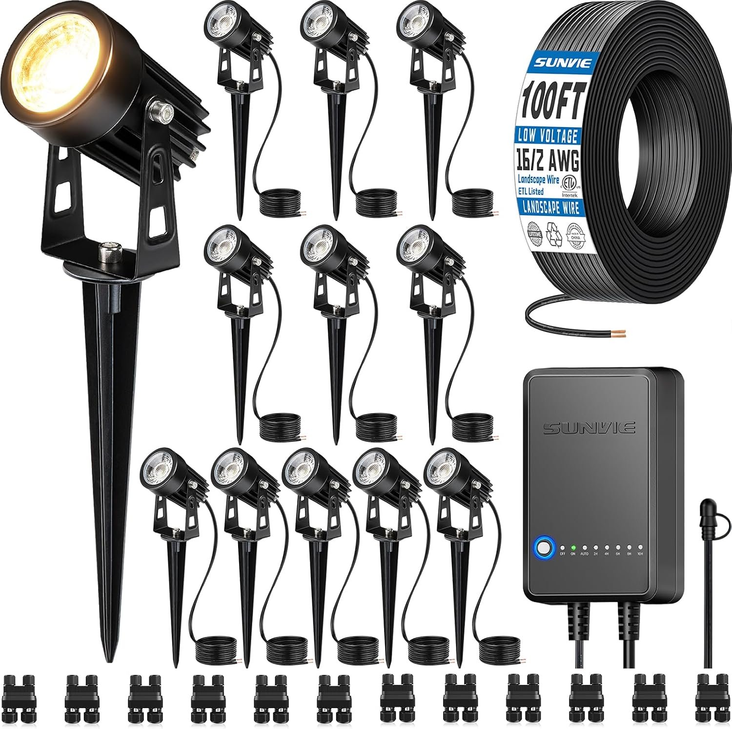SUNVIE All-in-One LED Low Voltage Landscape Lighting Kit Dusk to Dawn 12PCS | 3000K Landscape Lights with Transformer Connectors 100FT Wire, Waterproof Low Voltage Landscape Lights for Garden Yard House