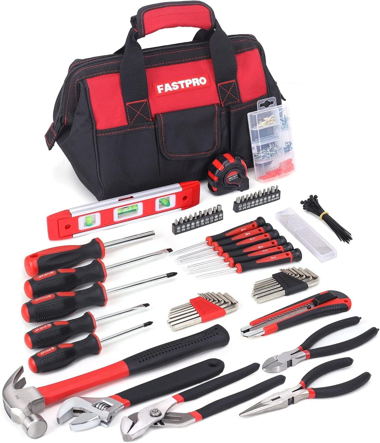 FASTPRO 215-Piece Home Repairing Tool Set with 12-Inch Wide Mouth Open Storage Bag, Household Hand Tool Kit,Red