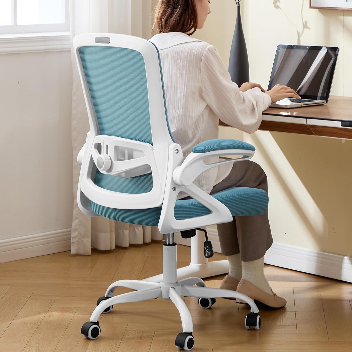 Ergonomic Office Chair, Desk Chair with Adjustable Lumbar Support, Breathable Mesh Comfy Computer Chairs with Flip-up Armrests Executive Task Chair for Adults Home Office (Lake Blue)