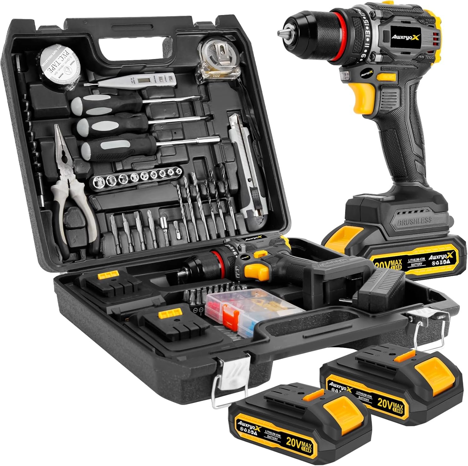 AwxryoX Brushless Compact Drill Tool Set, 60N.m 20V Cordless Drill Tool Box with 2 Battery, 135Pcs Man Household Combo Set with DIY Hand Taladros Kits, 531 In-lb Kit with Drill for Daily Home Repair