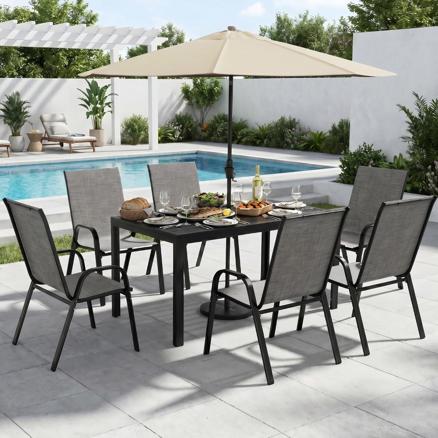 7-Piece Outdoor Dining Set, All Weather Patio Table and Chairs Set with Umbrella Hole for 6, Rectangular Steel Slat Table and 6 Textilene Chairs for Garden, Backyard, Poolside and Deck, Grey