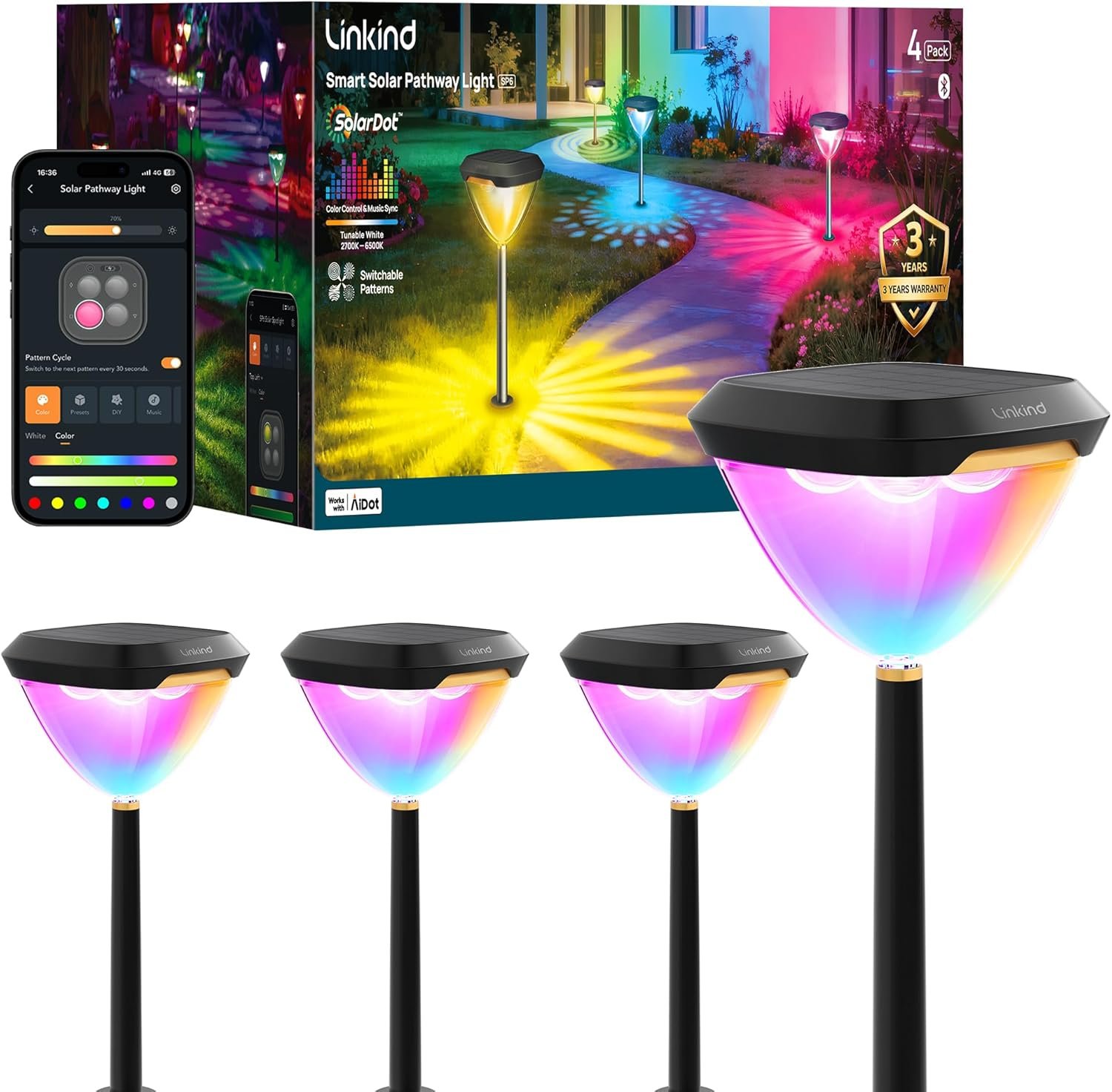 Linkind Smart Solar Pathway Lights SP6, App/Voice Control Solar Lights Outdoor Waterproof, 43+ Preset Scenes, Cool/Warm White/Color-Changing Outdoor Garden Lights for Yard, Patio, 4 Pack